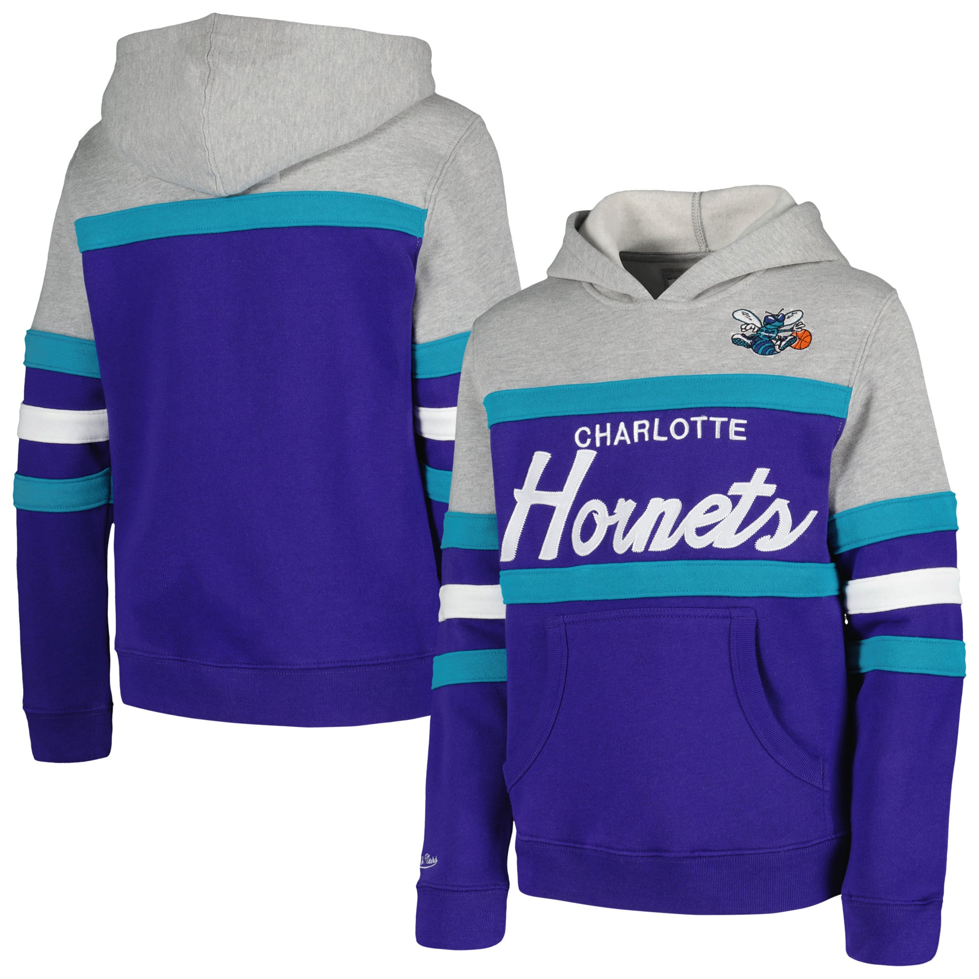 Youth Mitchell & Ness Purple/Heather Gray Charlotte Hornets Hardwood Classics Head Coach Pullover Hoodie