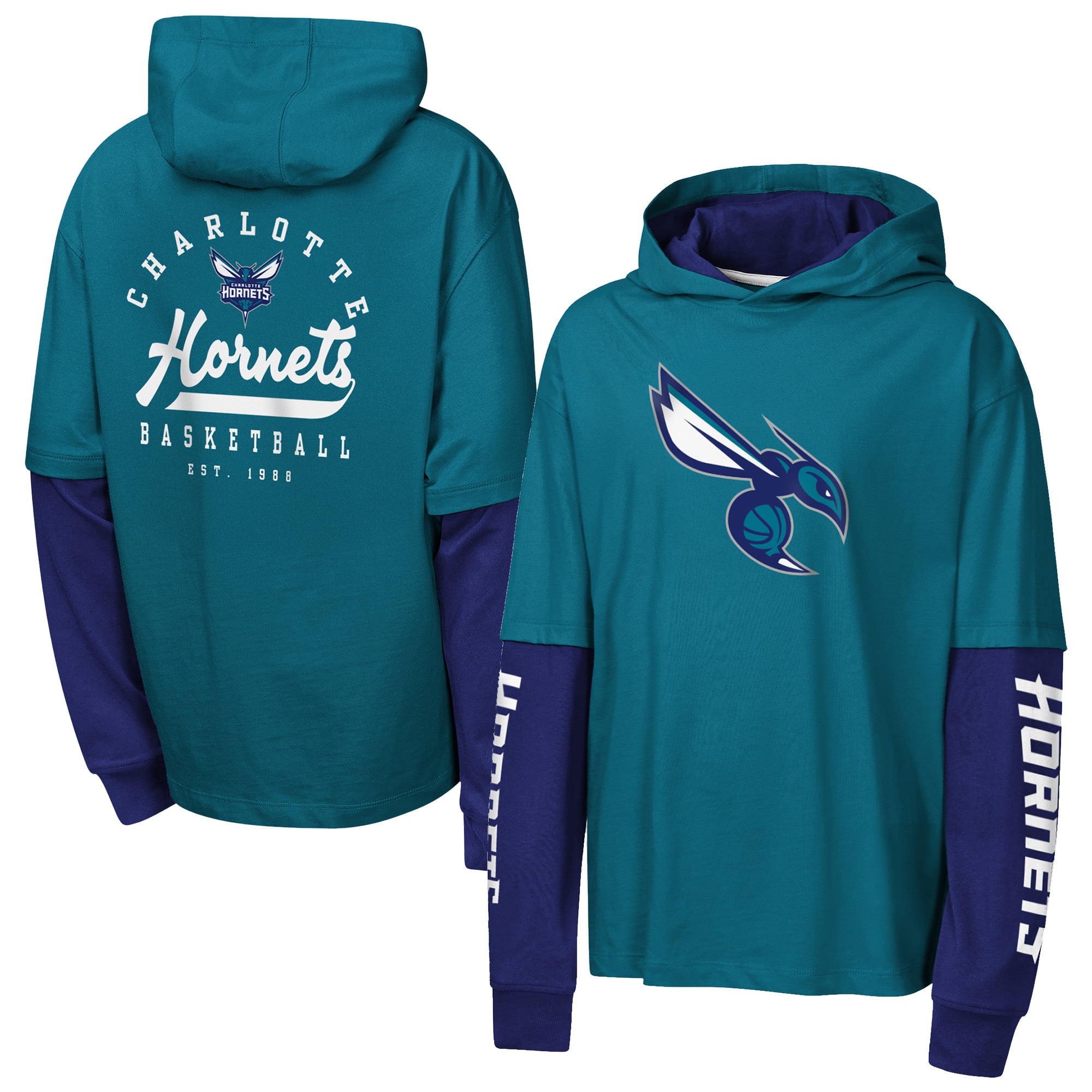 T-shirt à capuche surdimensionné en faux nickel double pour jeunes de la marque Outerstuff, couleur sarcelle, Charlotte Hornets