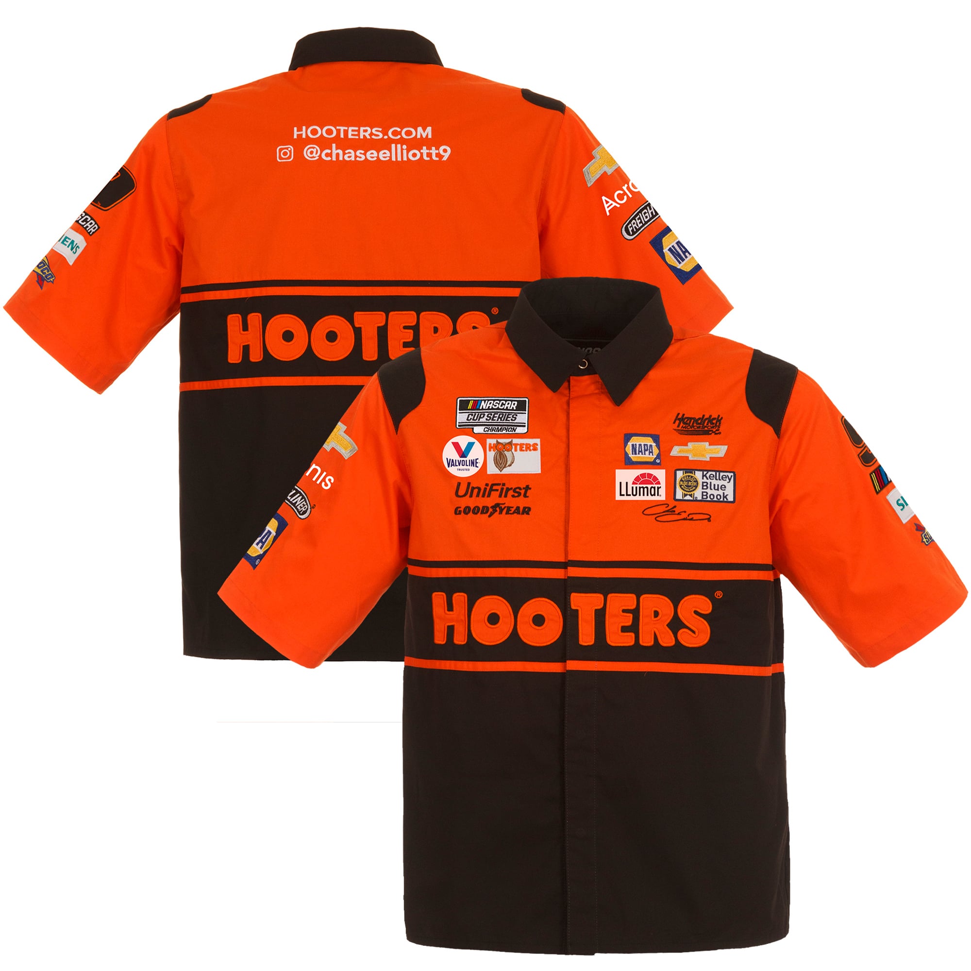 Men's Chase Elliott JH Design Black/Orange Hooters Official Pit Shirt