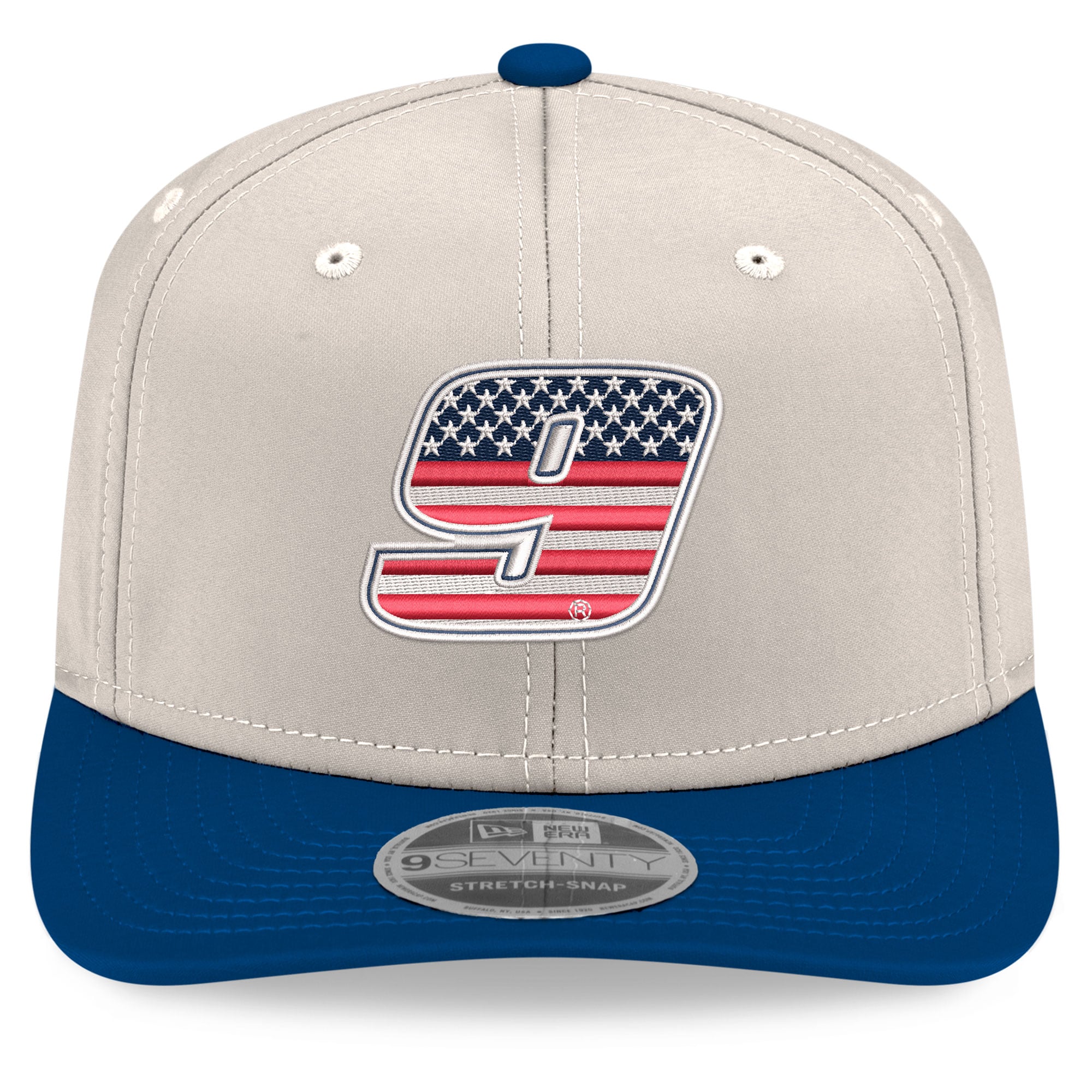Casquette New Era Chase Elliott 9SEVENTY pour homme, beige/bleu roi, à fermeture extensible et bouton-pression.