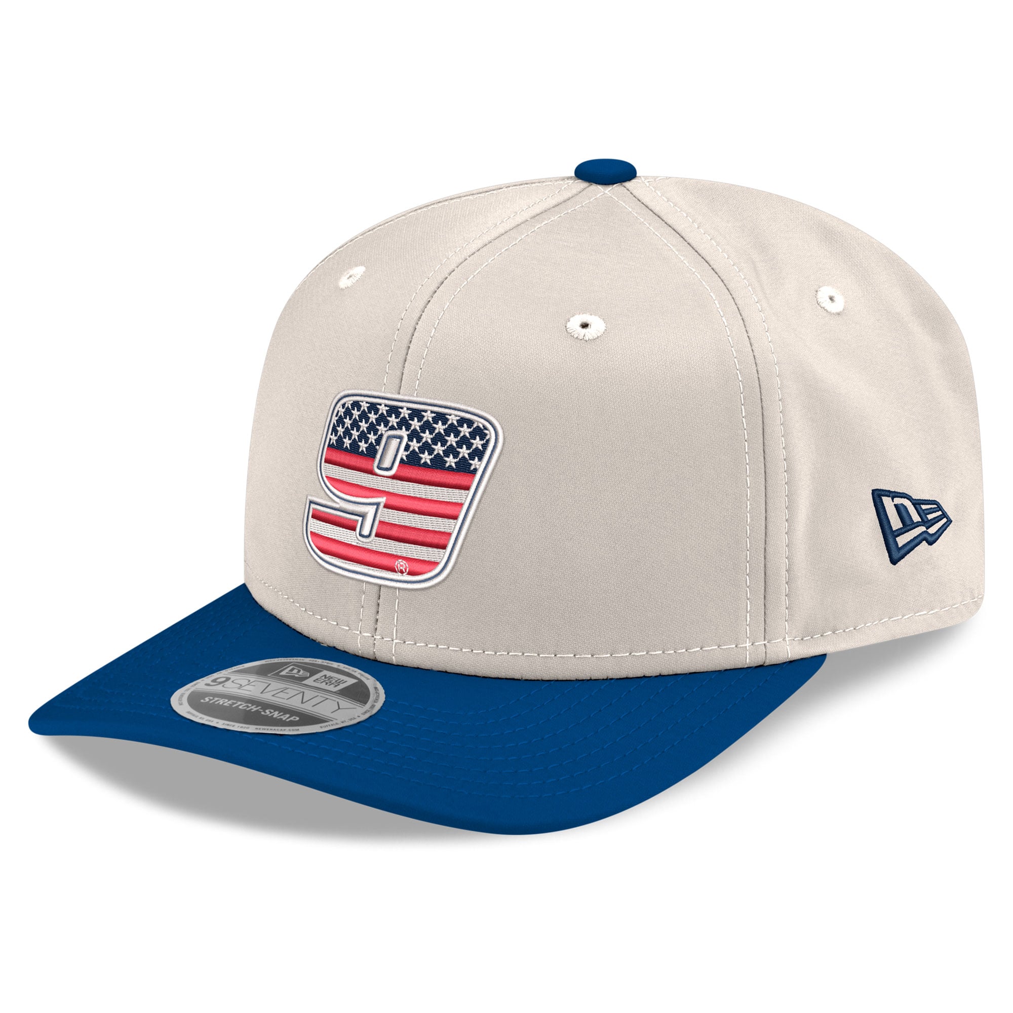 Casquette New Era Chase Elliott 9SEVENTY pour homme, beige/bleu roi, à fermeture extensible et bouton-pression.