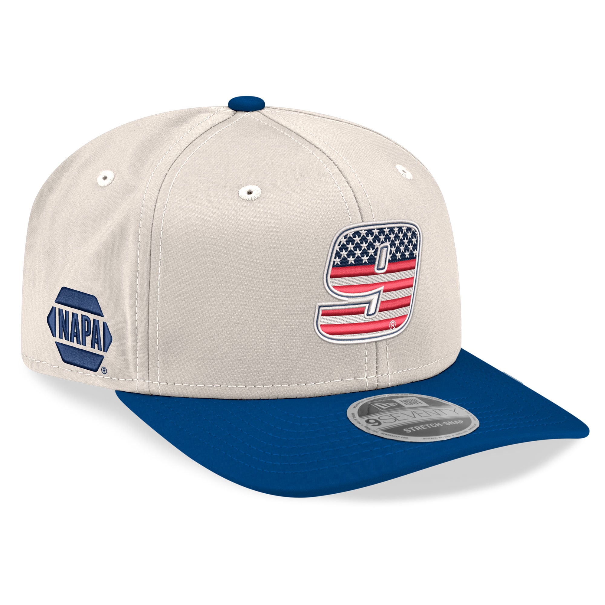 Casquette New Era Chase Elliott 9SEVENTY pour homme, beige/bleu roi, à fermeture extensible et bouton-pression.