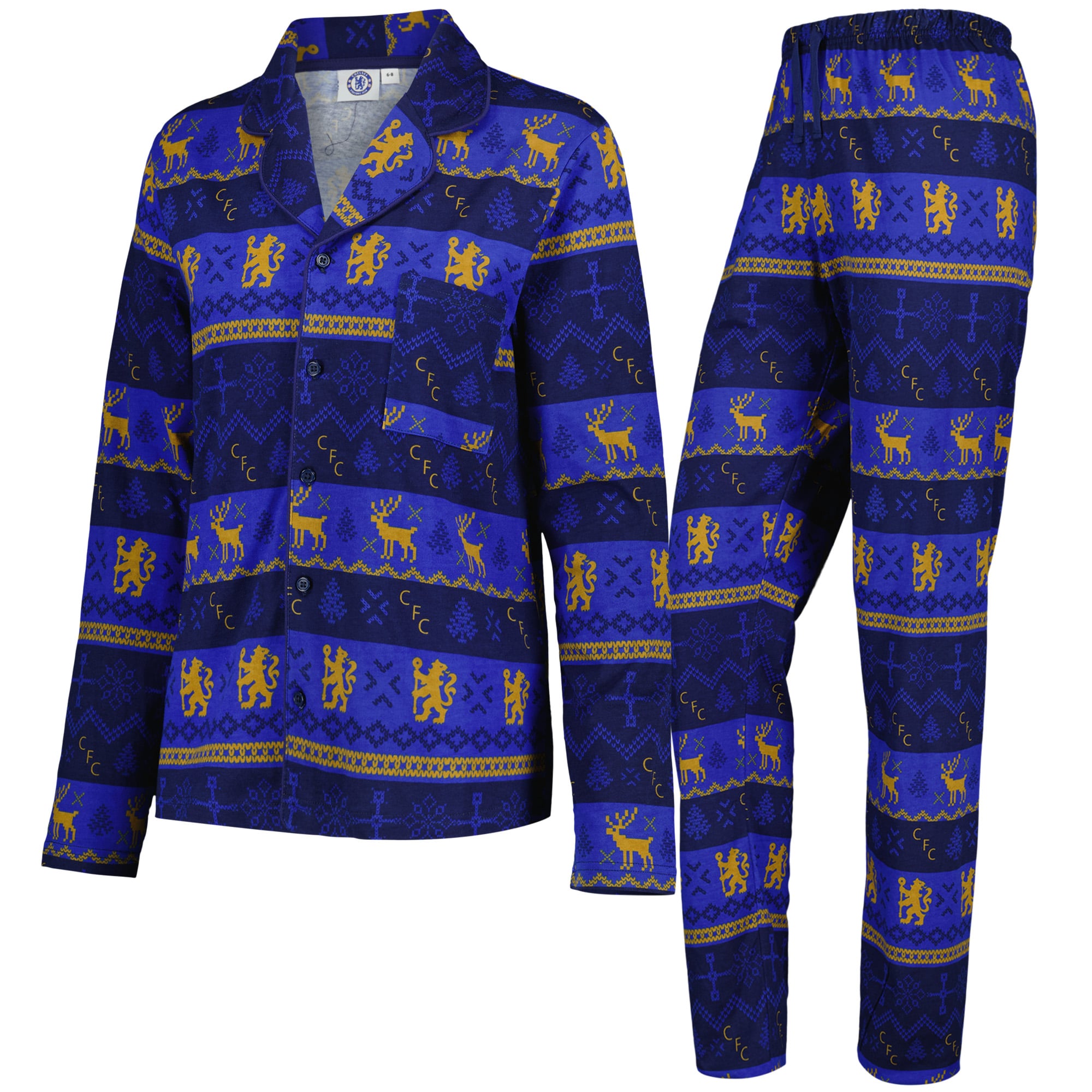 Chelsea Christmas Button Through Pyjamas - Blue/Gold - Womens