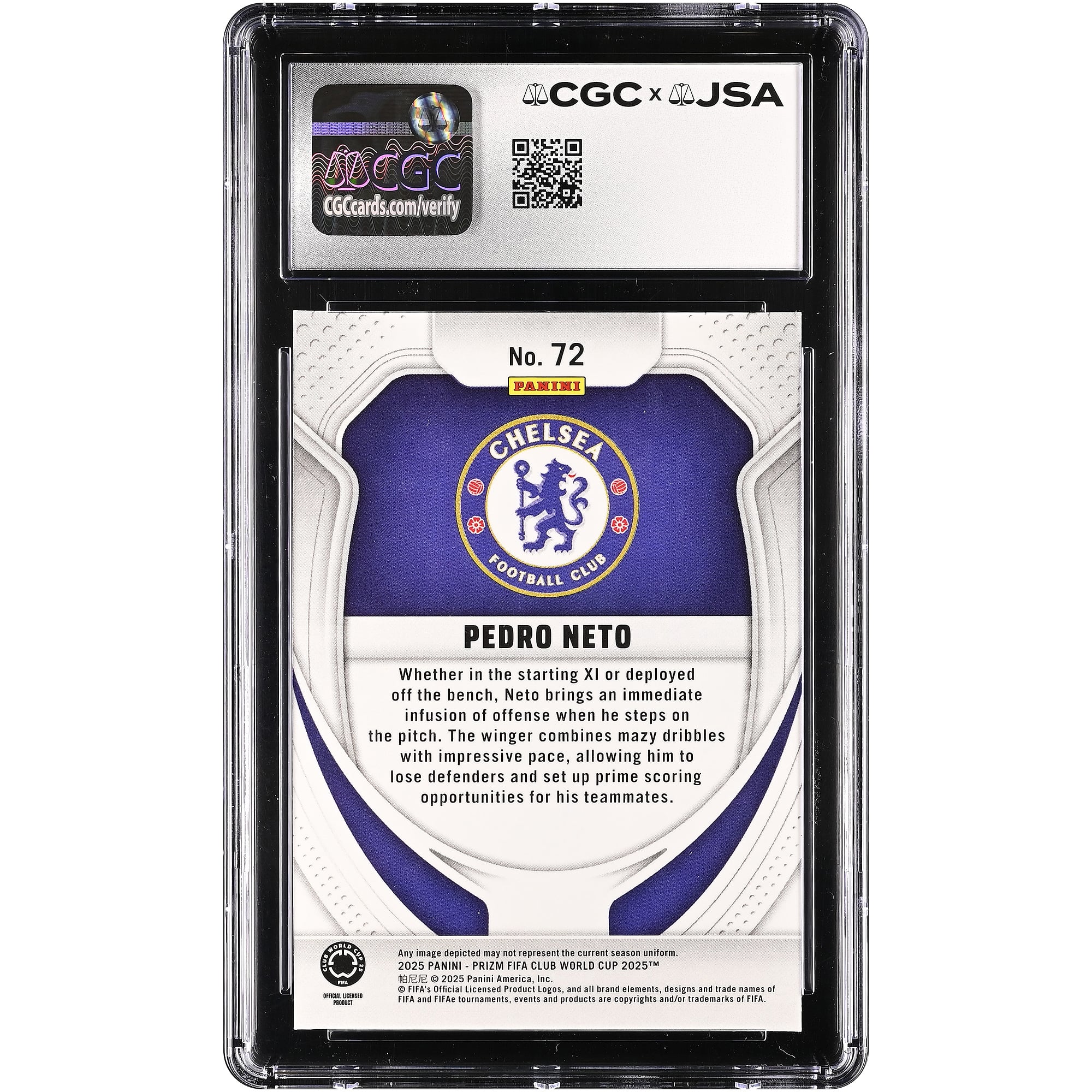 Carte autographiée Pedro Neto Chelsea 2025 Panini Prizm Club World Cup n° 72, authentifiée CGC Auto 10