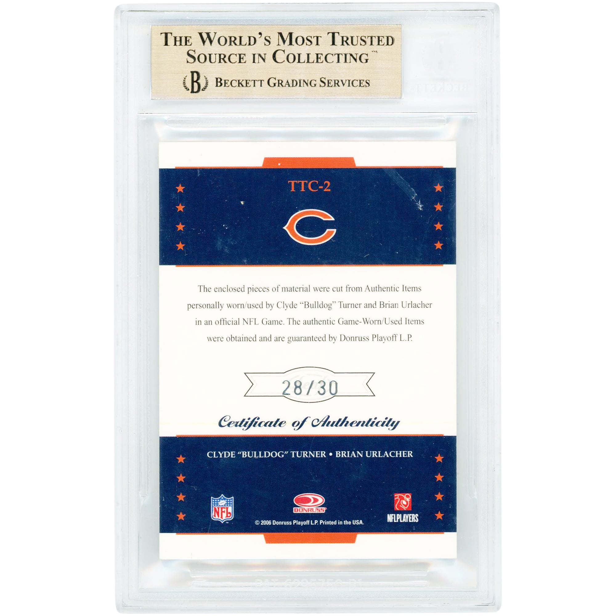 Carte Clyde Turner & Brian Urlacher Chicago Bears 2006 Leaf Limited Dual Multi Color Game Used Relics #TTC-2 #28/30 Authentifiée BGS 9.5