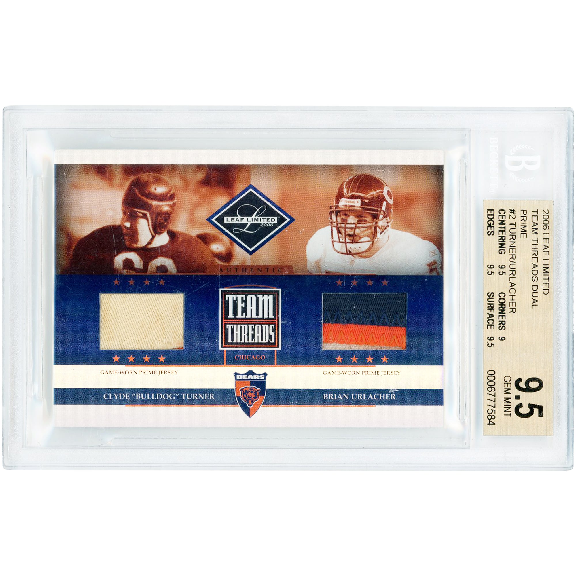 Carte Clyde Turner & Brian Urlacher Chicago Bears 2006 Leaf Limited Dual Multi Color Game Used Relics #TTC-2 #28/30 Authentifiée BGS 9.5