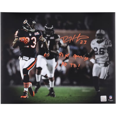 Devin Hester Chicago Bears Autographed Fanatics Authentic 16" x 20" Super Bowl XLI Kickoff Return Spotlight Photograph with "92 yd Opening KR TD!" Inscription 