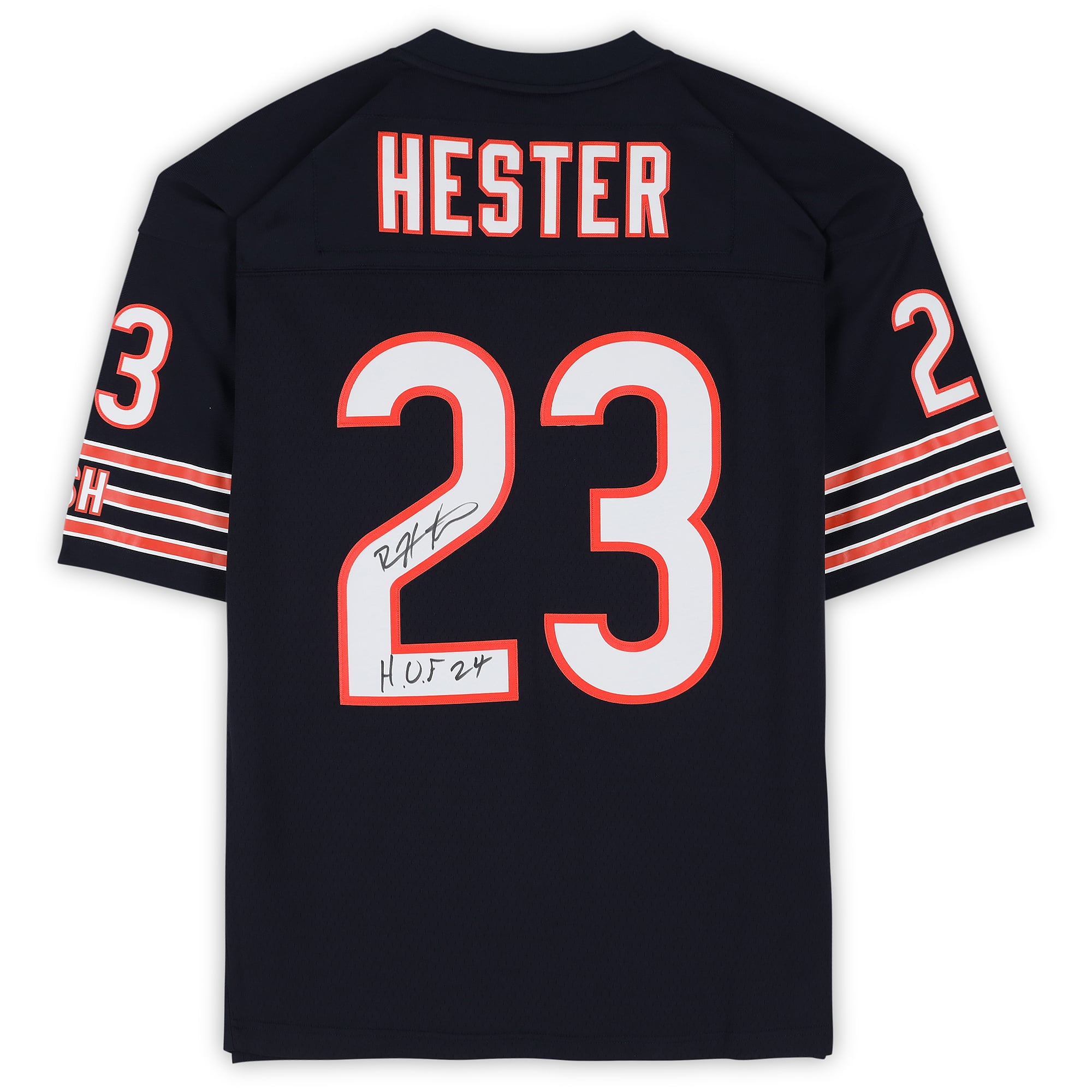 Maillot réplique bleu marine Mitchell & Ness 2006 des Bears de Chicago, autographié par Devin Hester, avec inscription « HOF 24 ».