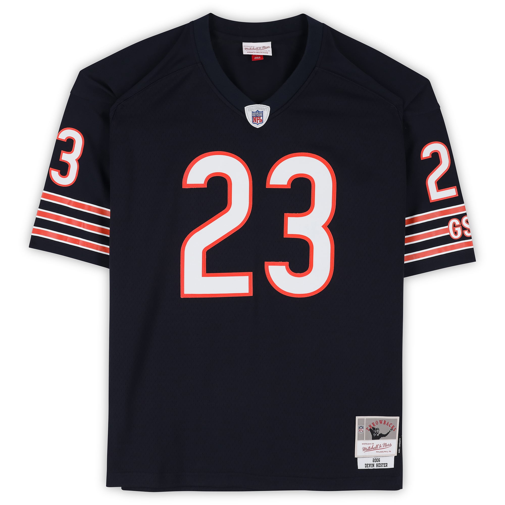 Maillot réplique bleu marine Mitchell & Ness 2006 des Bears de Chicago, autographié par Devin Hester, avec inscription « HOF 24 ».