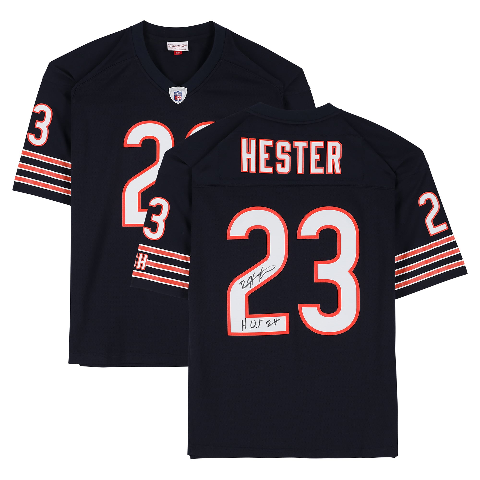 Maillot réplique bleu marine Mitchell & Ness 2006 des Bears de Chicago, autographié par Devin Hester, avec inscription « HOF 24 ».