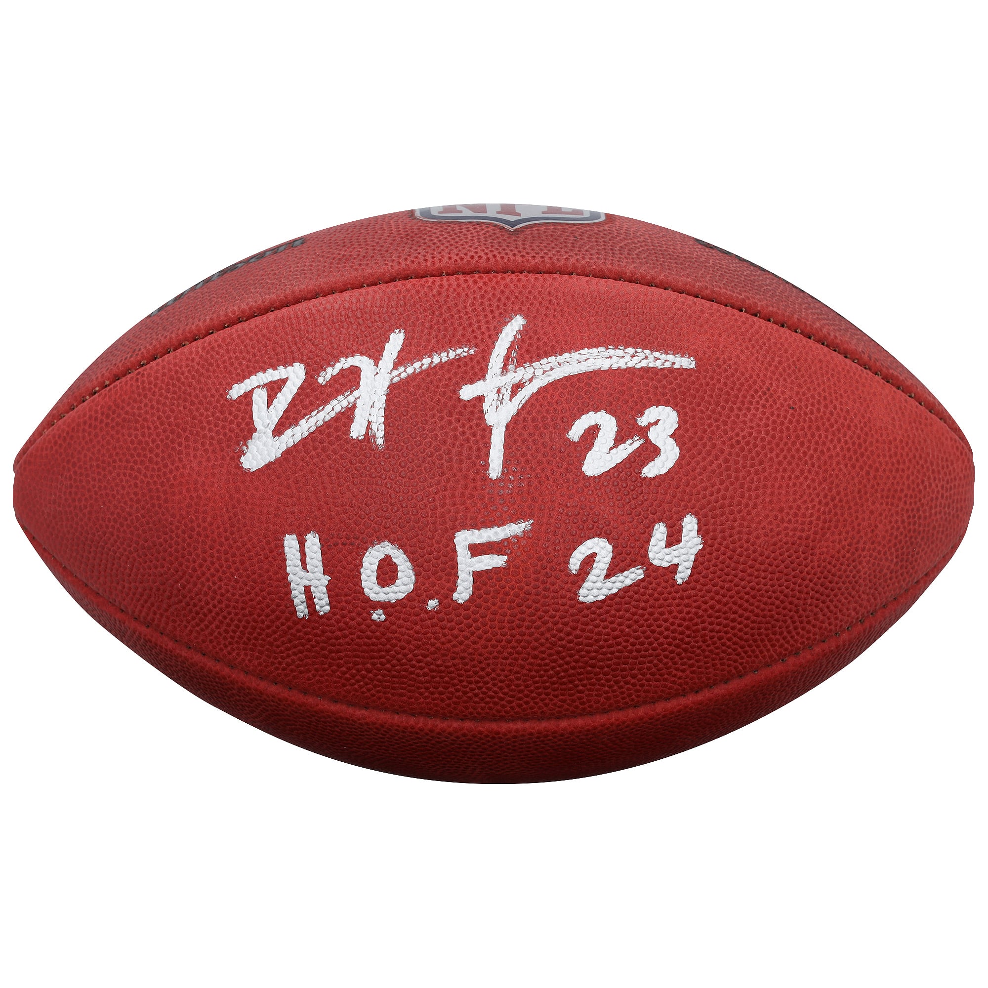 Ballon de football américain Wilson Duke en couleur, autographié par Devin Hester des Chicago Bears, avec inscription « HOF 24 ».