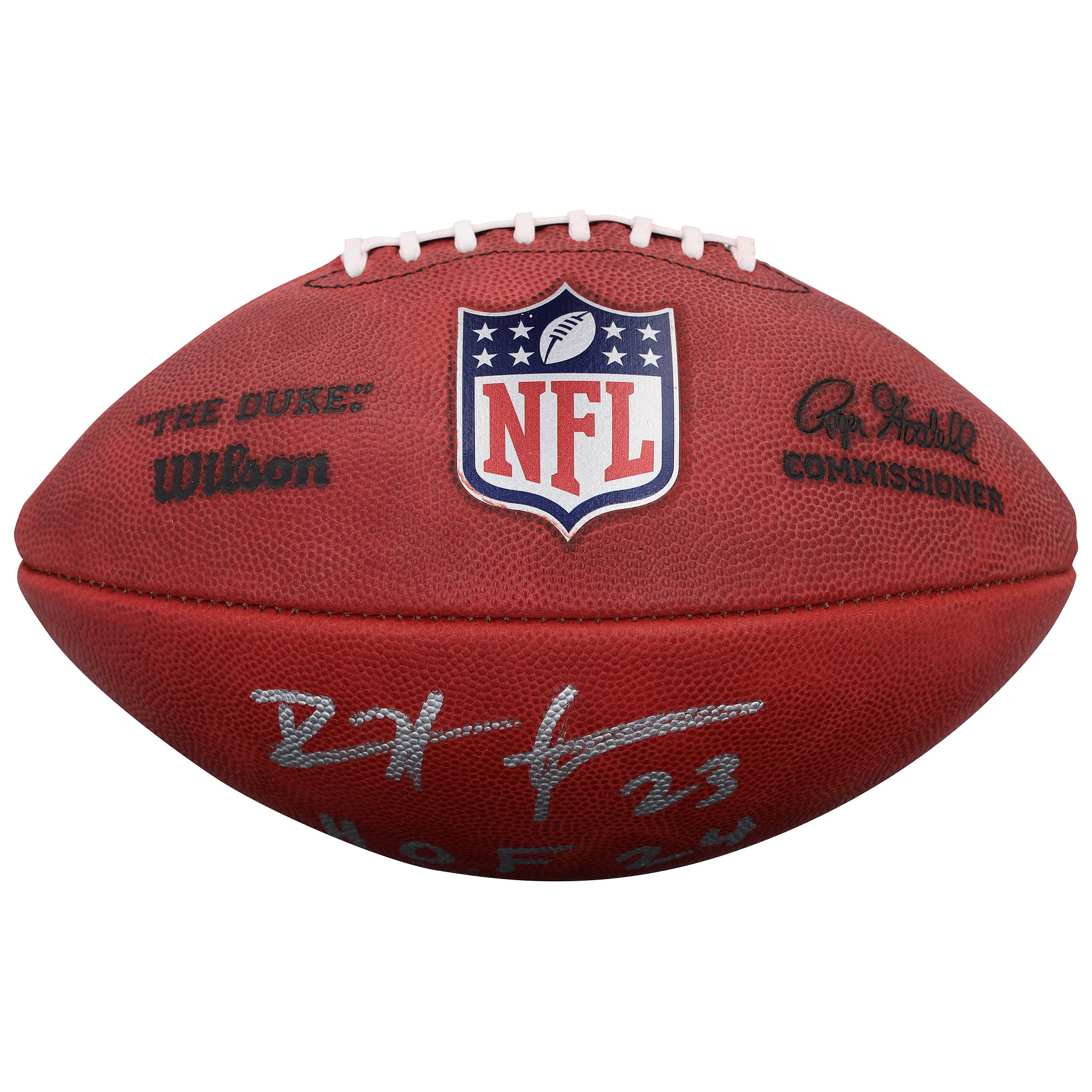 Ballon de football américain Wilson Duke en couleur, autographié par Devin Hester des Chicago Bears, avec inscription « HOF 24 ».
