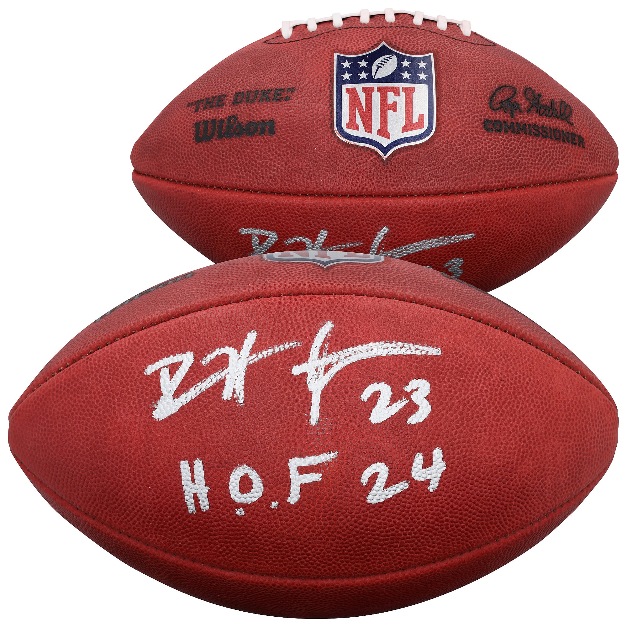 Ballon de football américain Wilson Duke en couleur, autographié par Devin Hester des Chicago Bears, avec inscription « HOF 24 ».