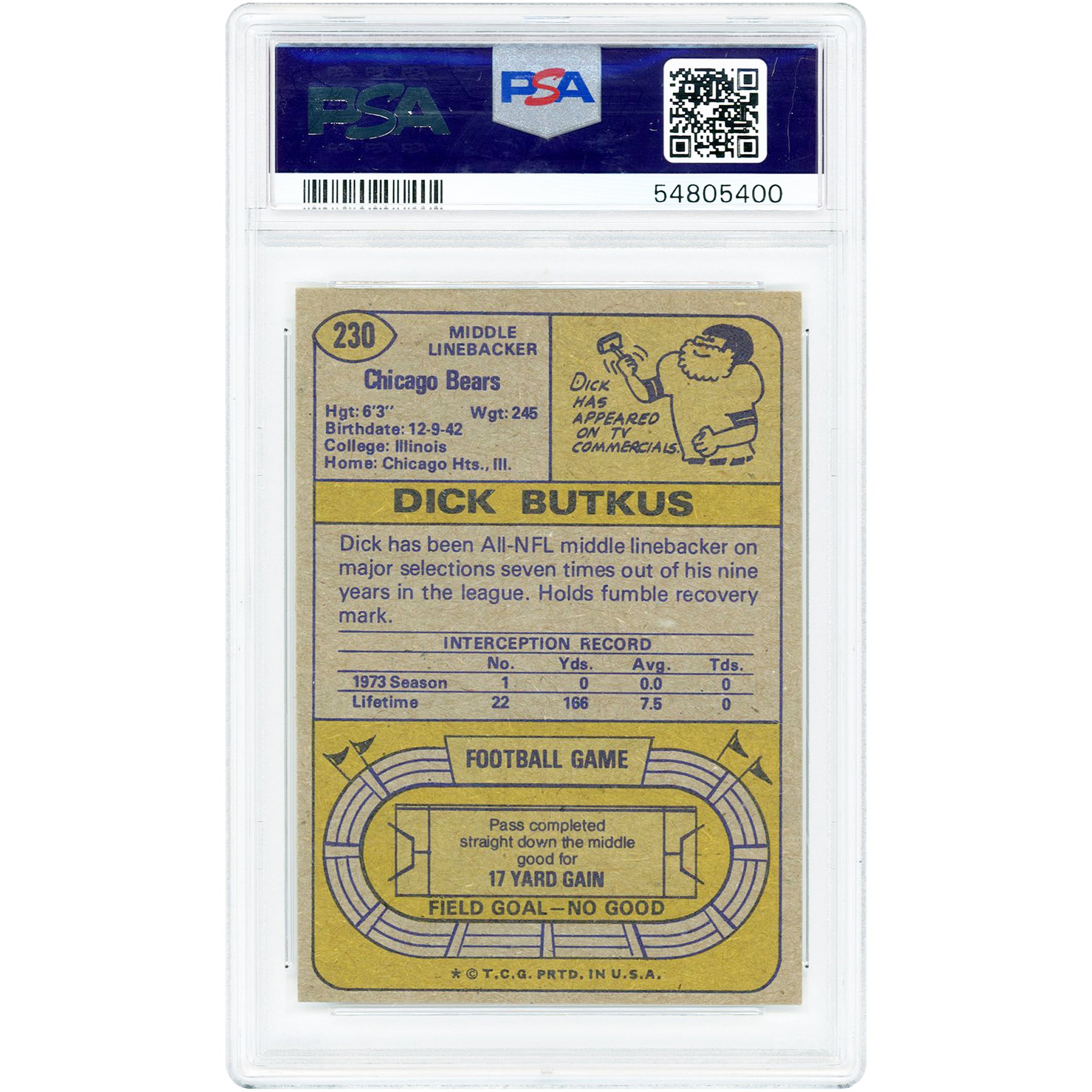 Dick Butkus Chicago Bears 1974 Topps #230 PSA Authenticated 8 Card
