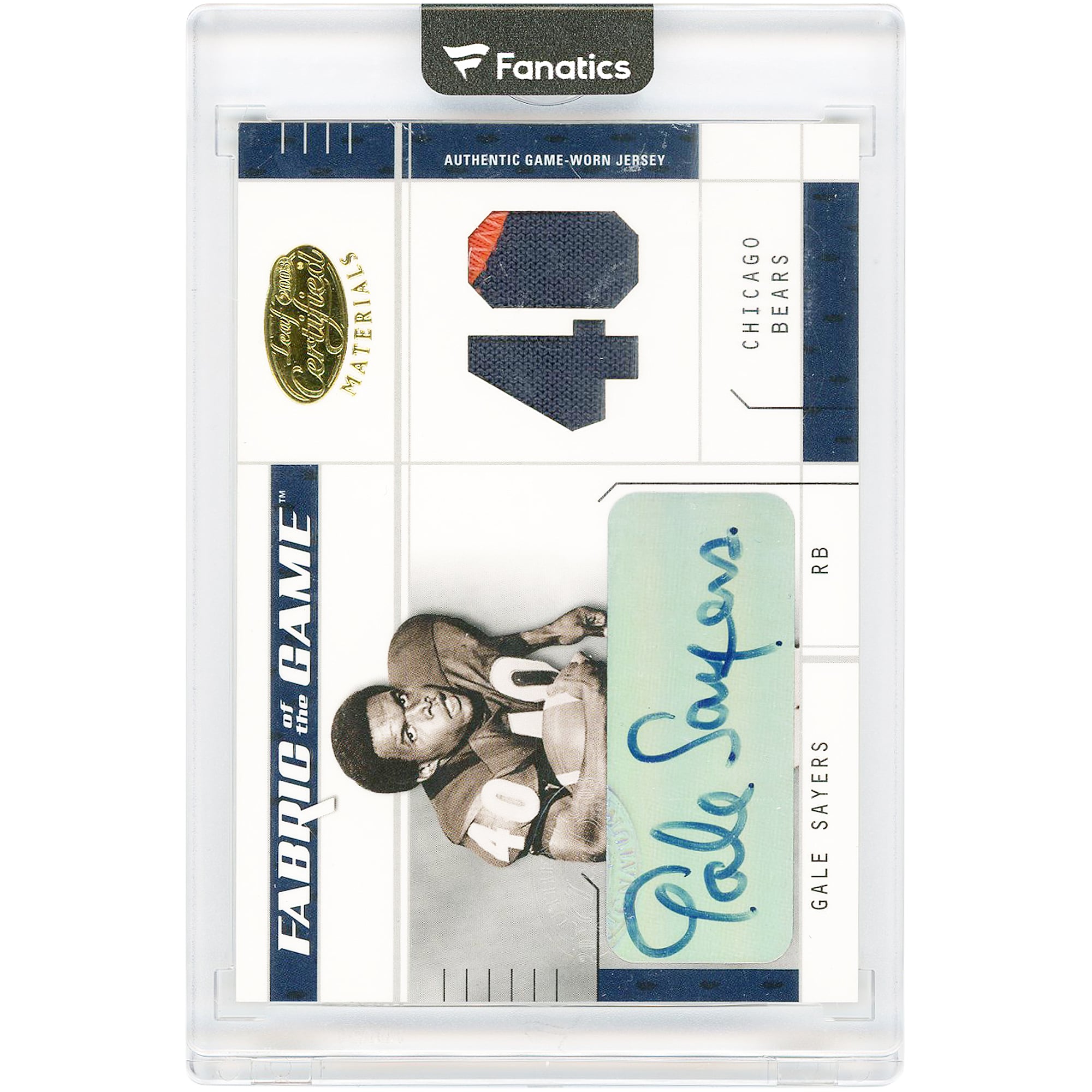 Gale Sayers Chicago Bears Autographed 2003 Leaf Certified Materials Dual-Color Game Used Relic #FG-21 #20/40 Card