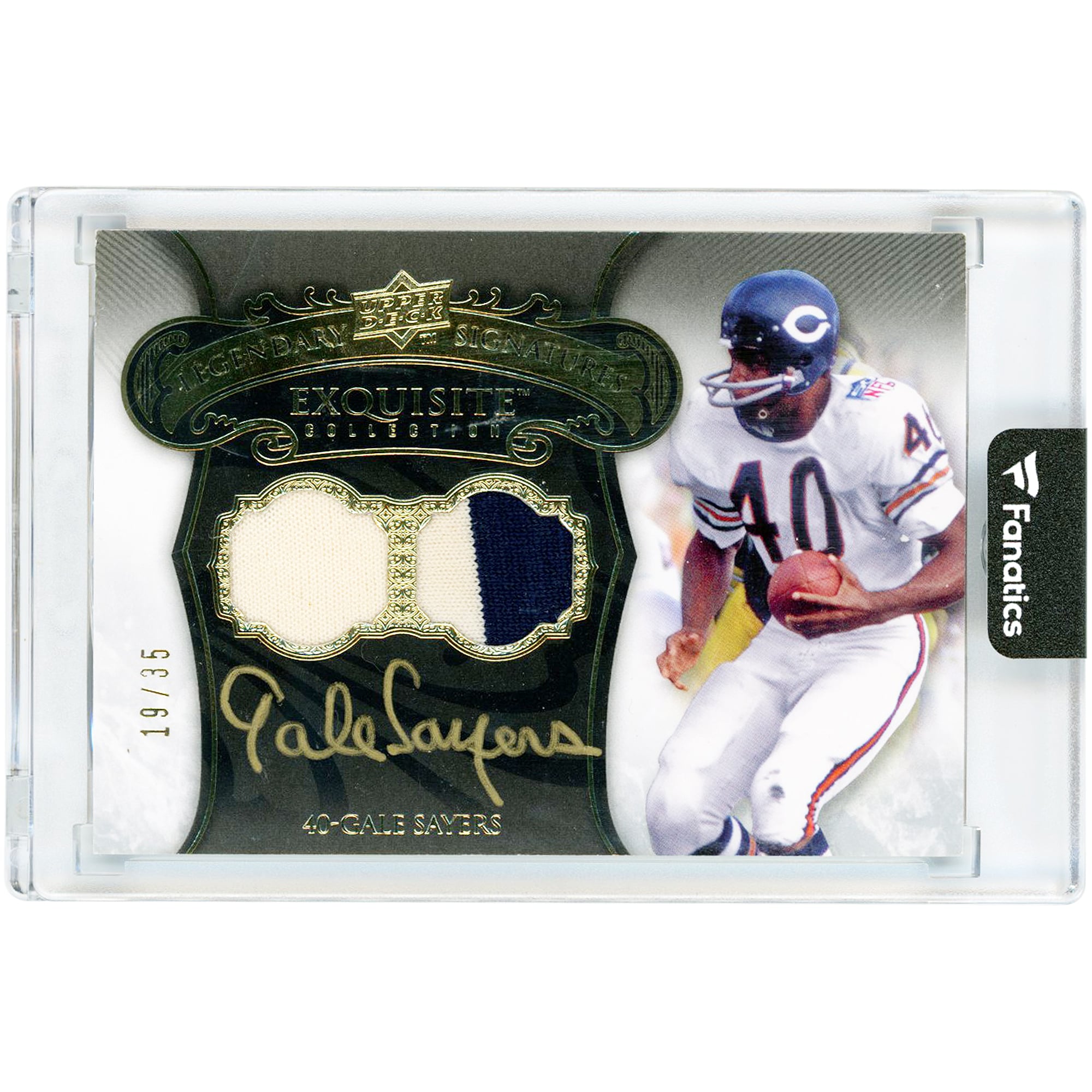 Carte autographiée par Gale Sayers (Chicago Bears), collection 2008 Upper Deck Exquisite, signatures légendaires, encre dorée, deux reliques de match, 2 couleurs #EGSJ-GS #19/35