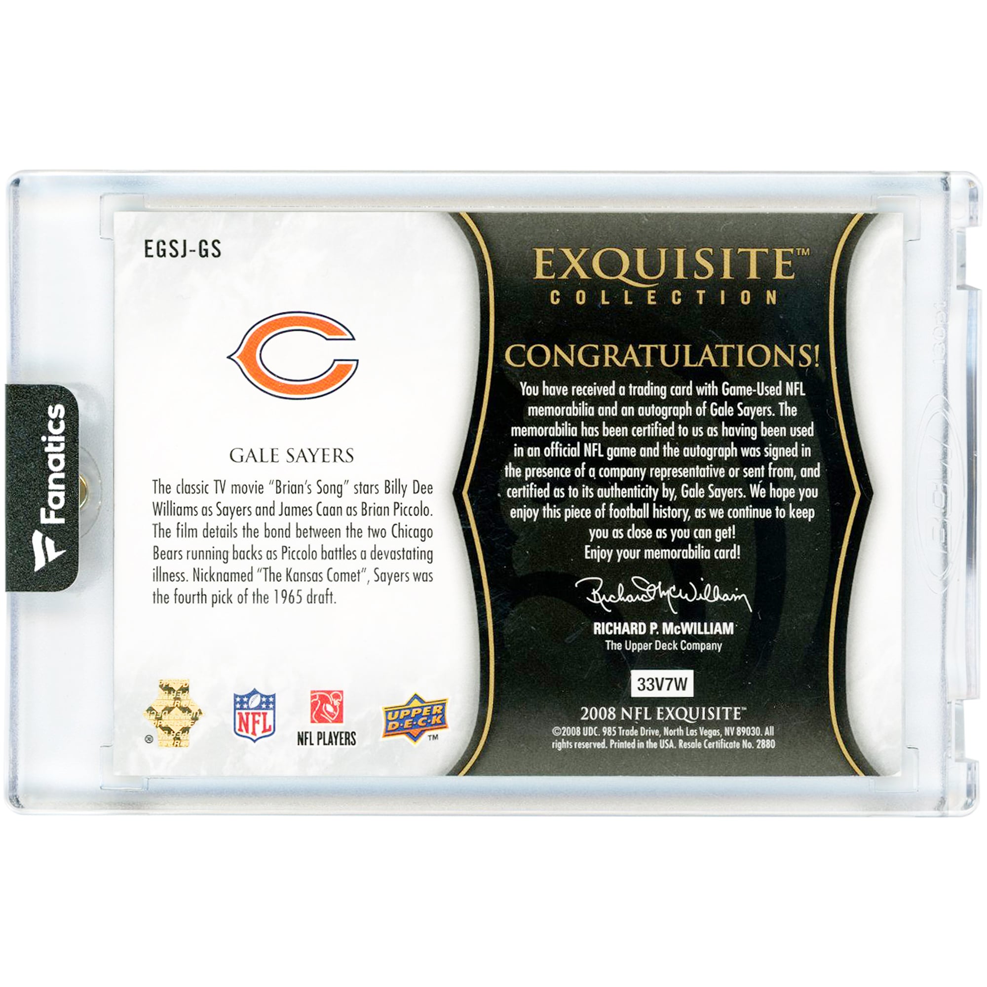 Carte autographiée par Gale Sayers (Chicago Bears), collection 2008 Upper Deck Exquisite, signatures légendaires, encre dorée, deux reliques de match, 2 couleurs #EGSJ-GS #19/35