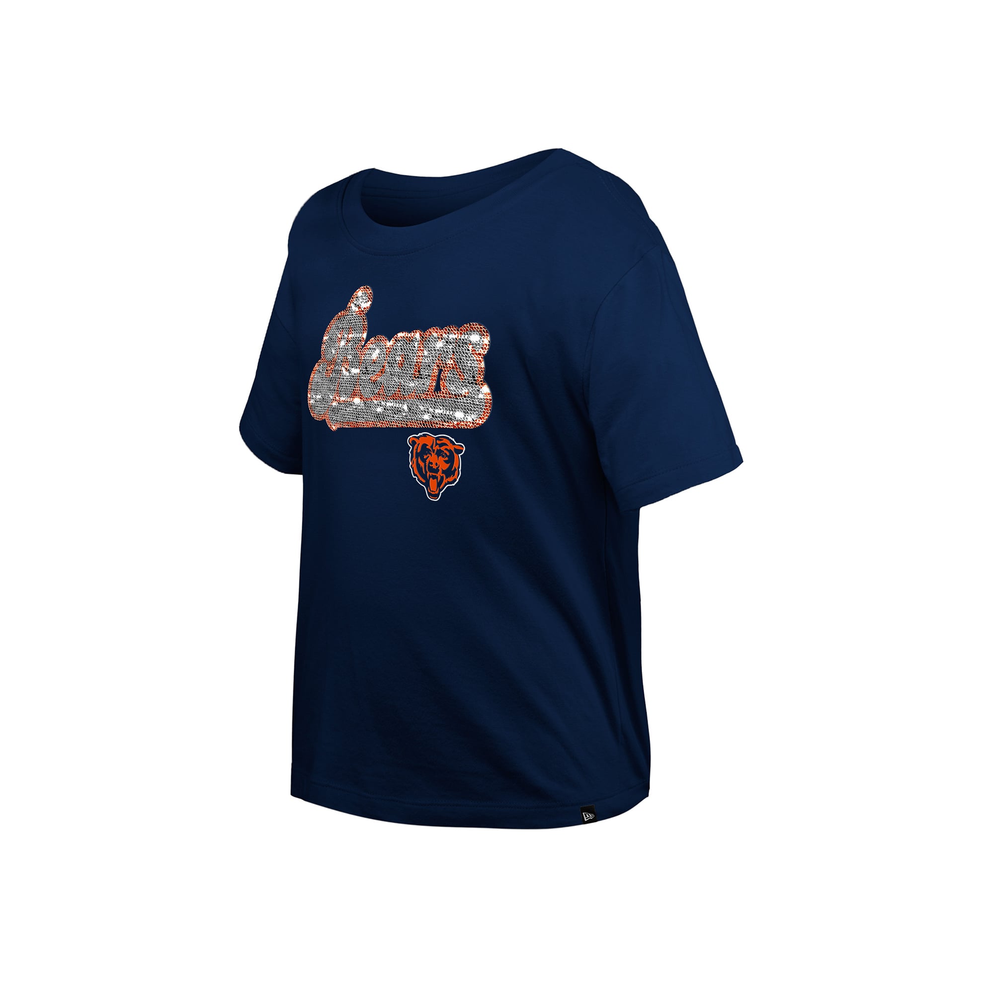 Girls Youth New Era Navy Chicago Bears Flip Sequin Boxy T-Shirt