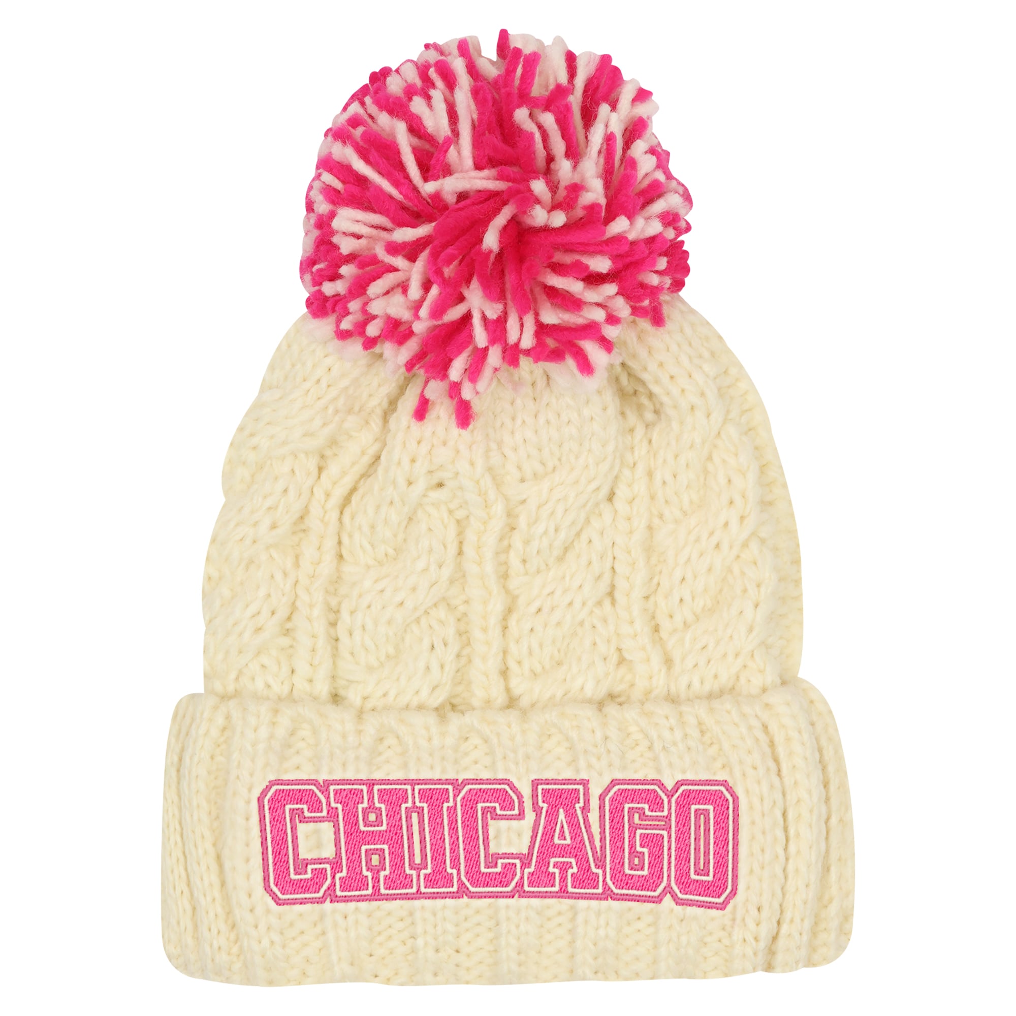 Girls Youth Outerstuff Cream Chicago Bears Cable Cuffed Knit Hat with Pom