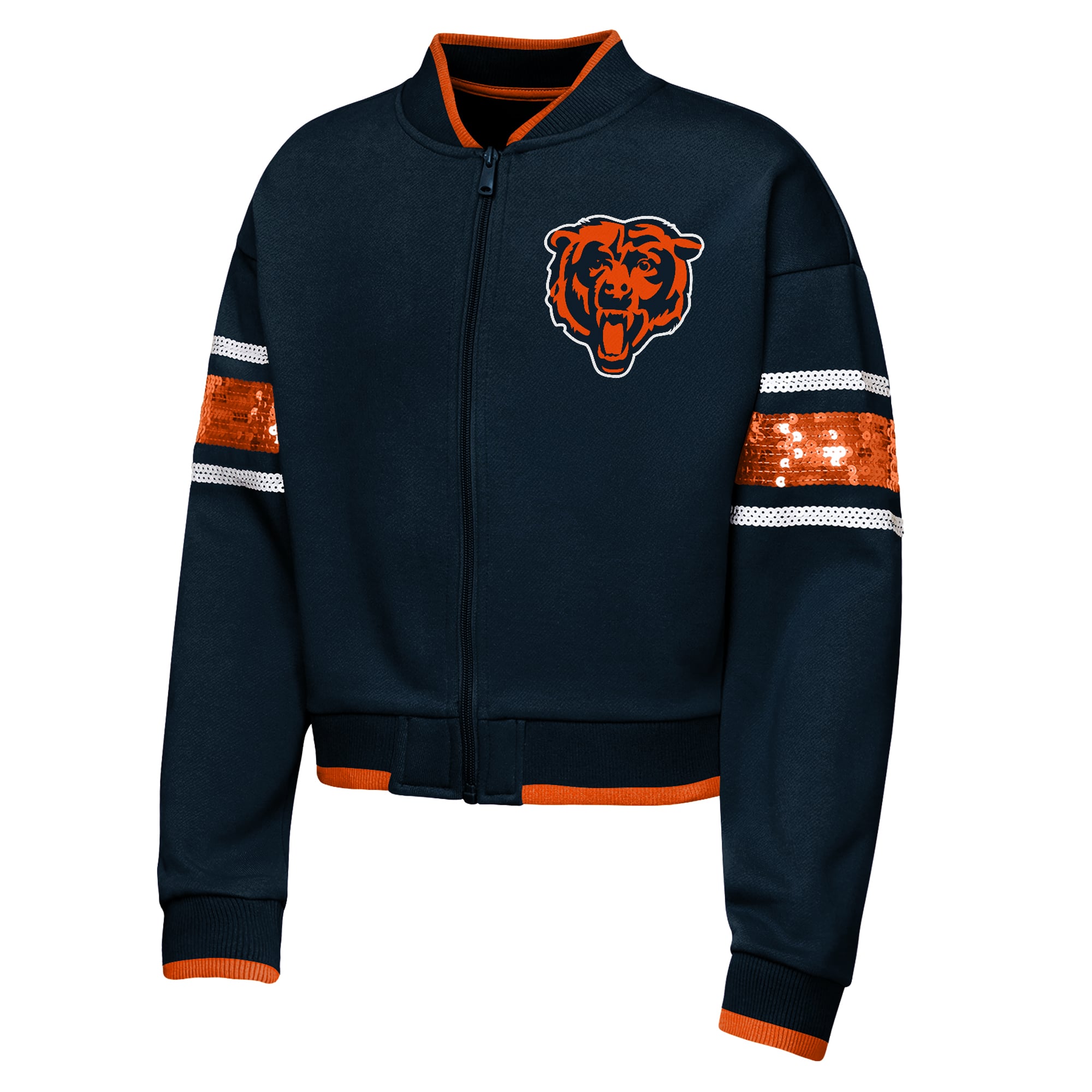 Girls Youth Outerstuff Navy Chicago Bears MVP Full-Zip Sequin Bomber Jacket