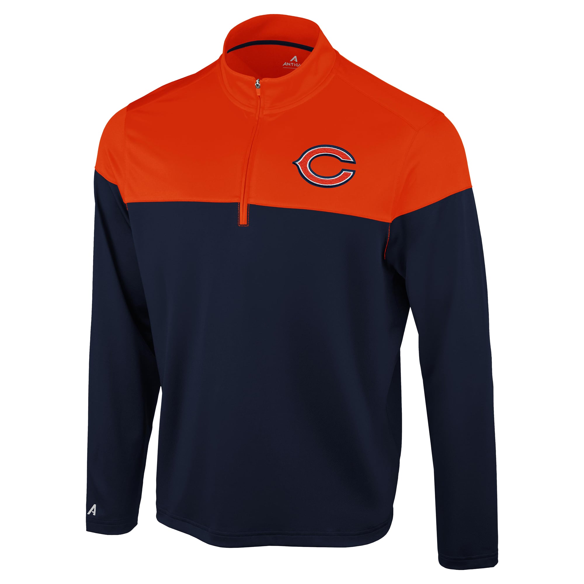 Pull à col zippé Antigua Hinder Chicago Bears bleu marine/orange pour homme