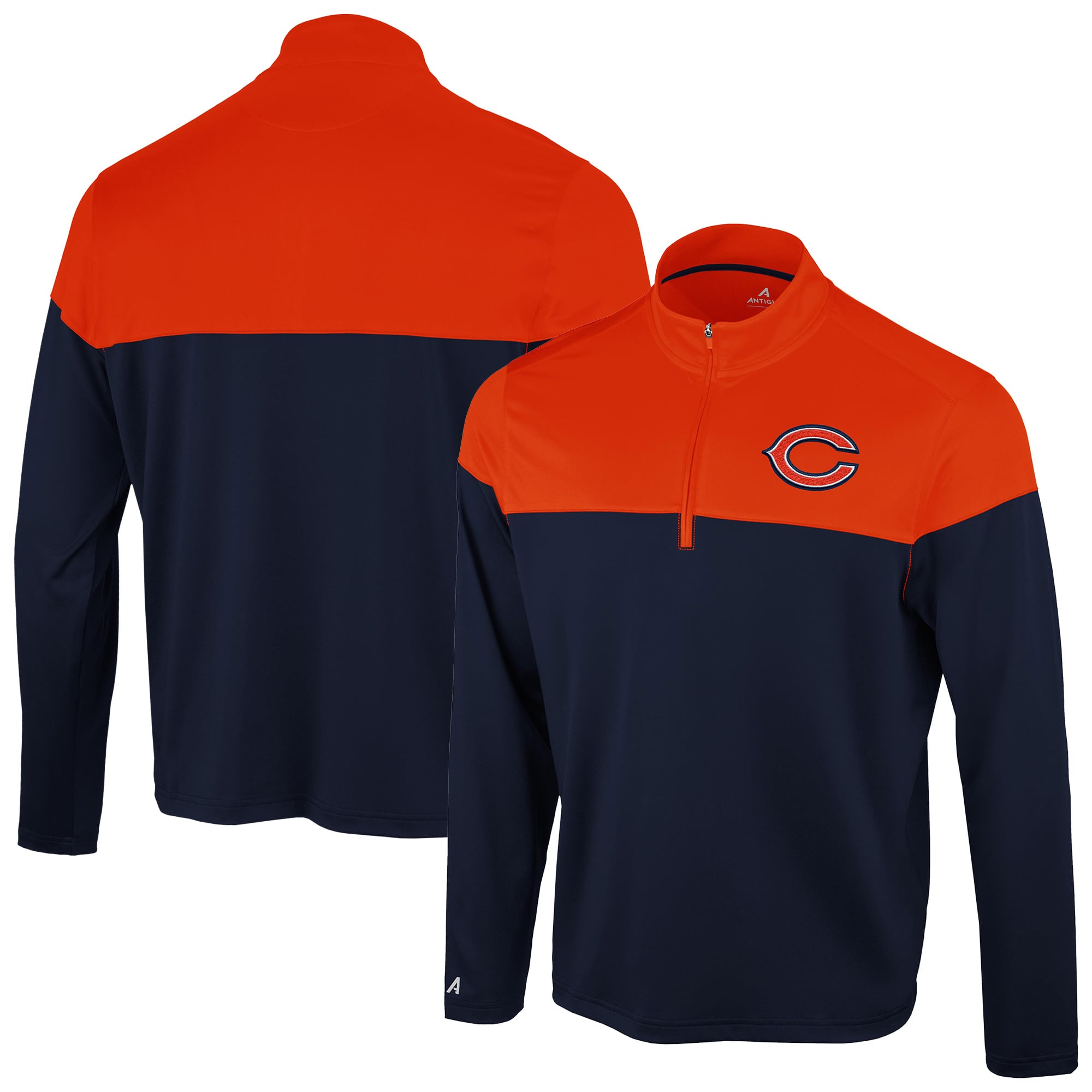 Pull à col zippé Antigua Hinder Chicago Bears bleu marine/orange pour homme