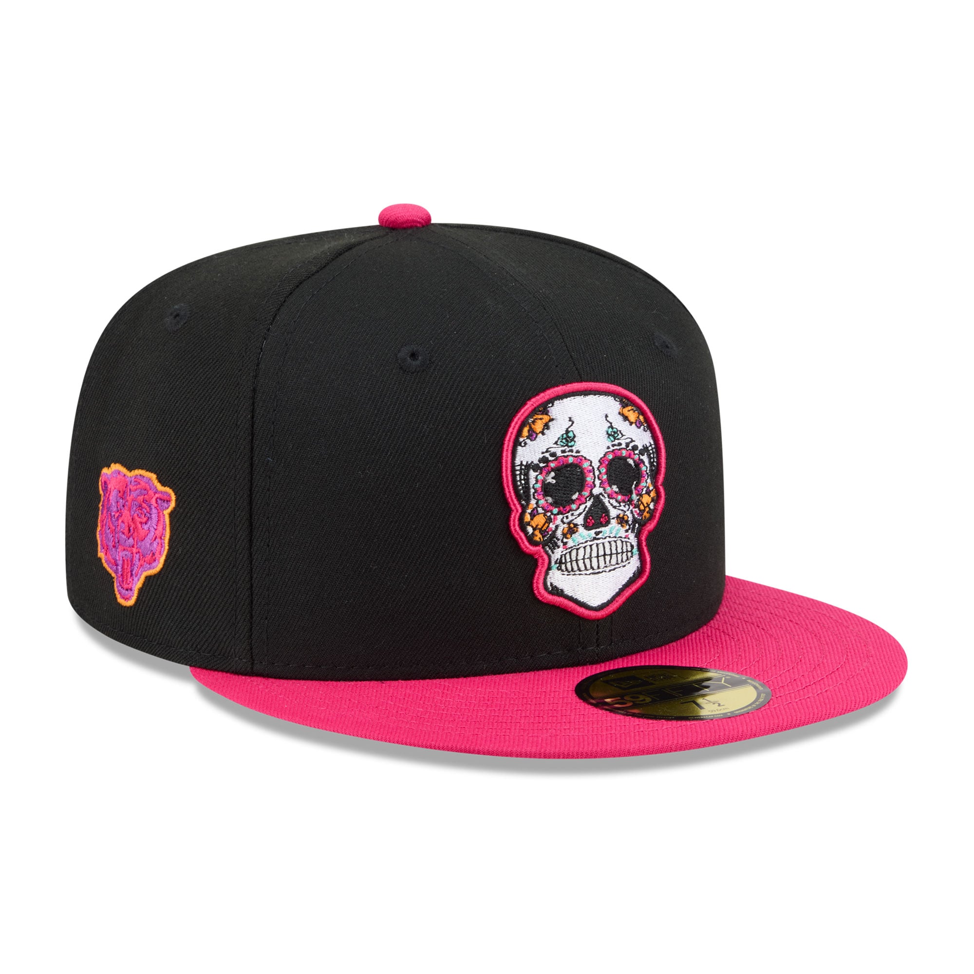 Casquette ajustée New Era 59FIFTY pour homme, noire et rose, Chicago Bears, édition spéciale Jour des Morts