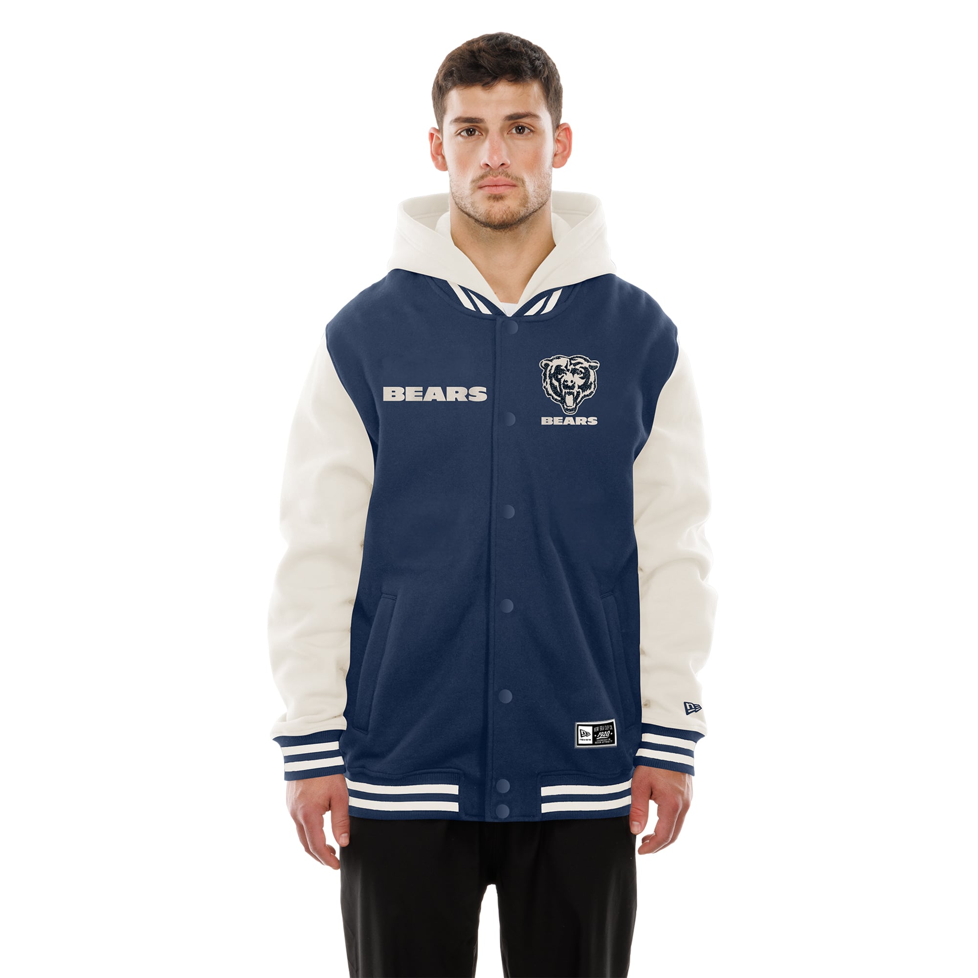 Veste polaire à capuche New Era bleu marine/crème Chicago Bears pour homme, fermeture boutons-pression