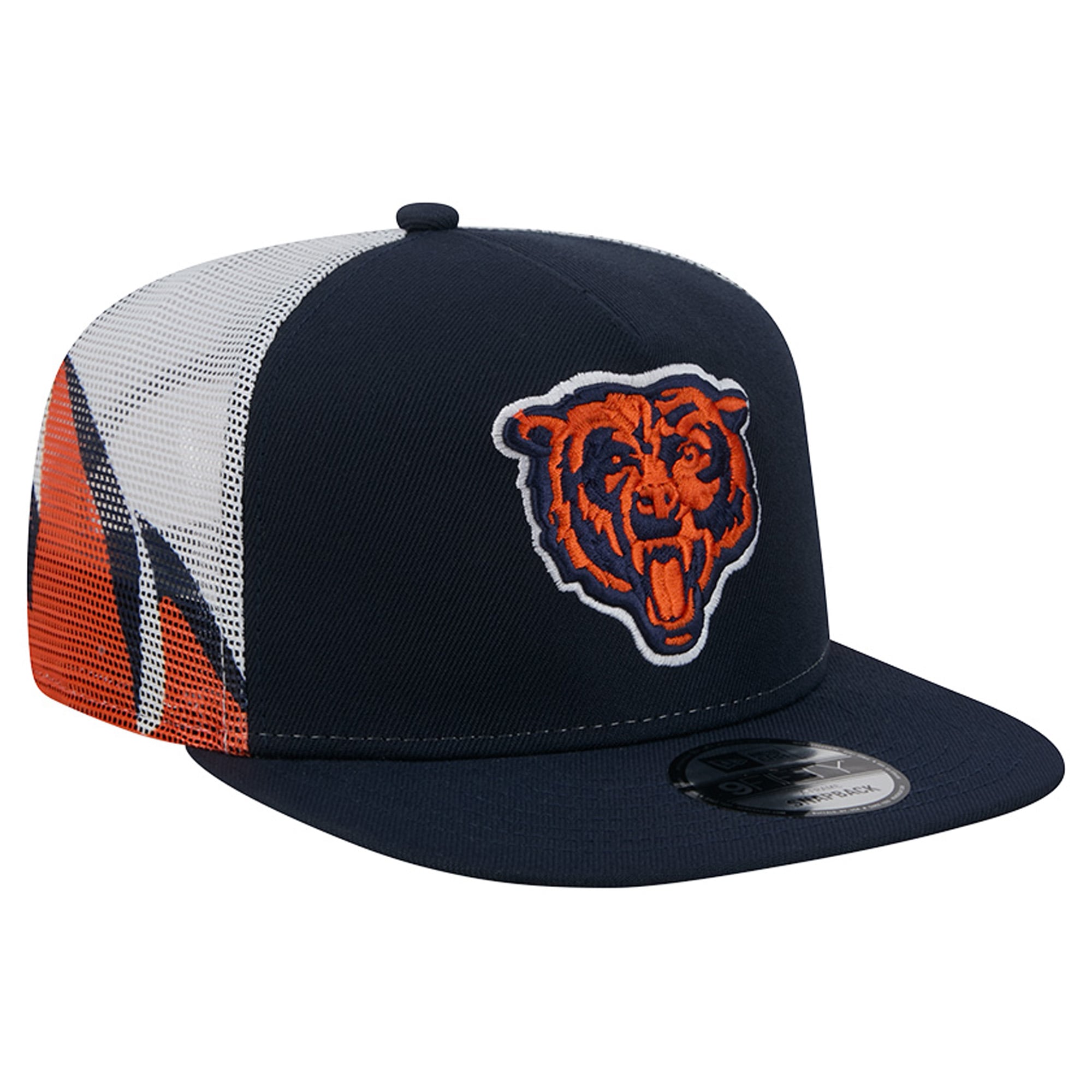 Casquette trucker New Era 9FIFTY Snapback pour homme, bleu marine et orange, Chicago Bears, en maille.