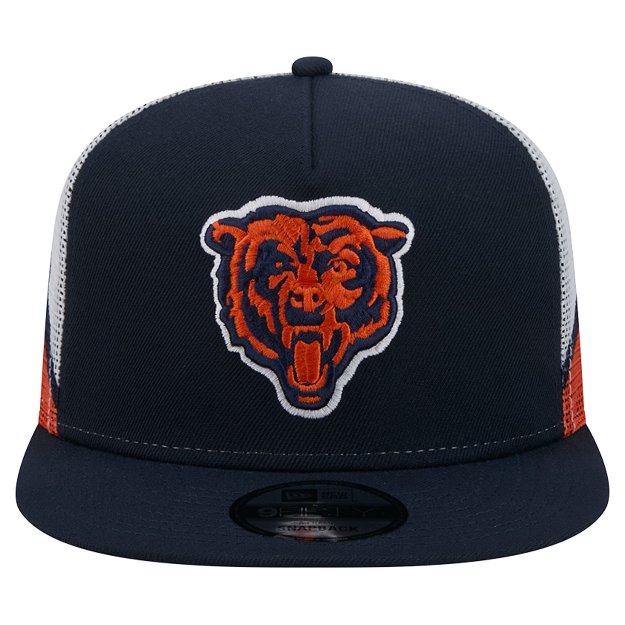 Casquette trucker New Era 9FIFTY Snapback pour homme, bleu marine et orange, Chicago Bears, en maille.