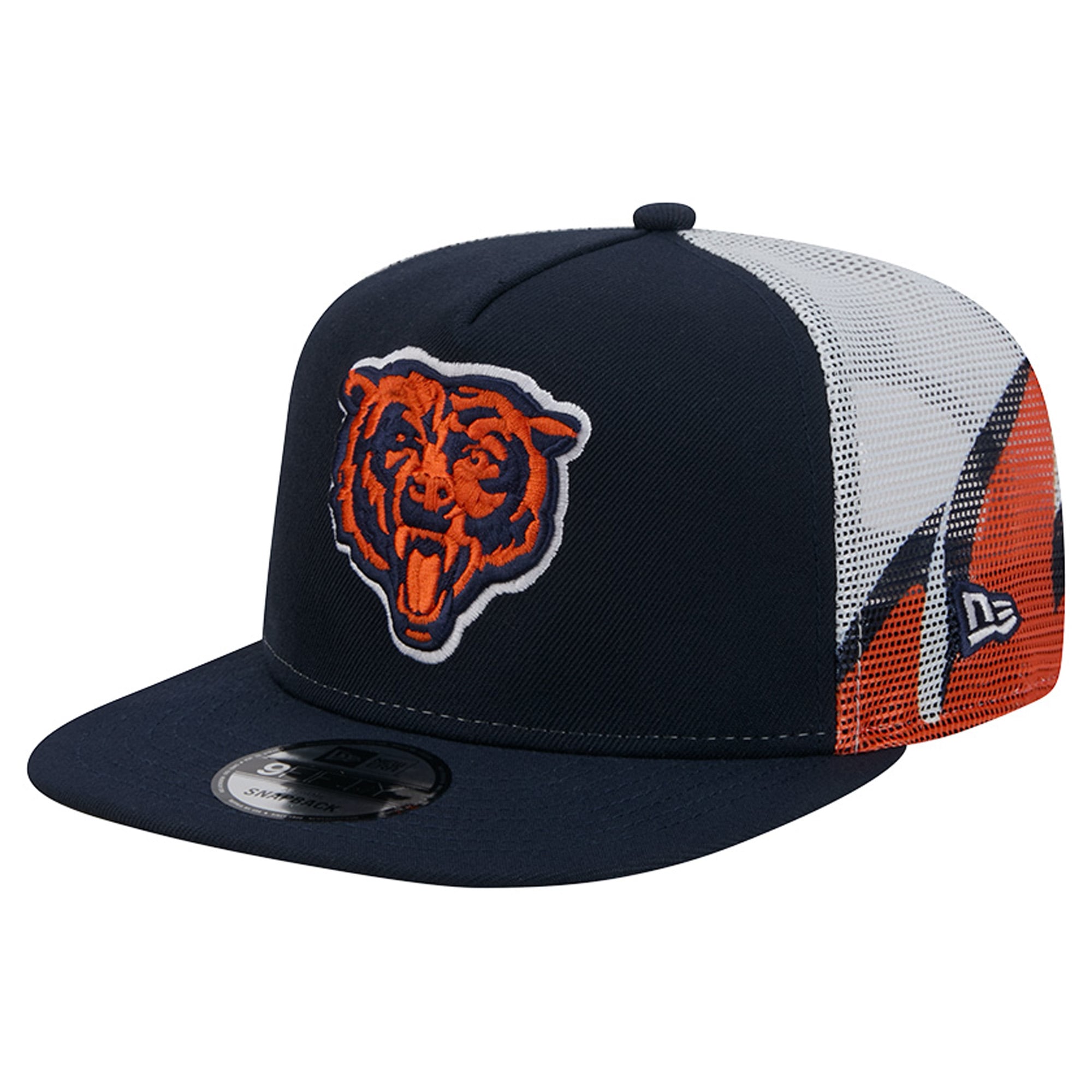 Casquette trucker New Era 9FIFTY Snapback pour homme, bleu marine et orange, Chicago Bears, en maille.