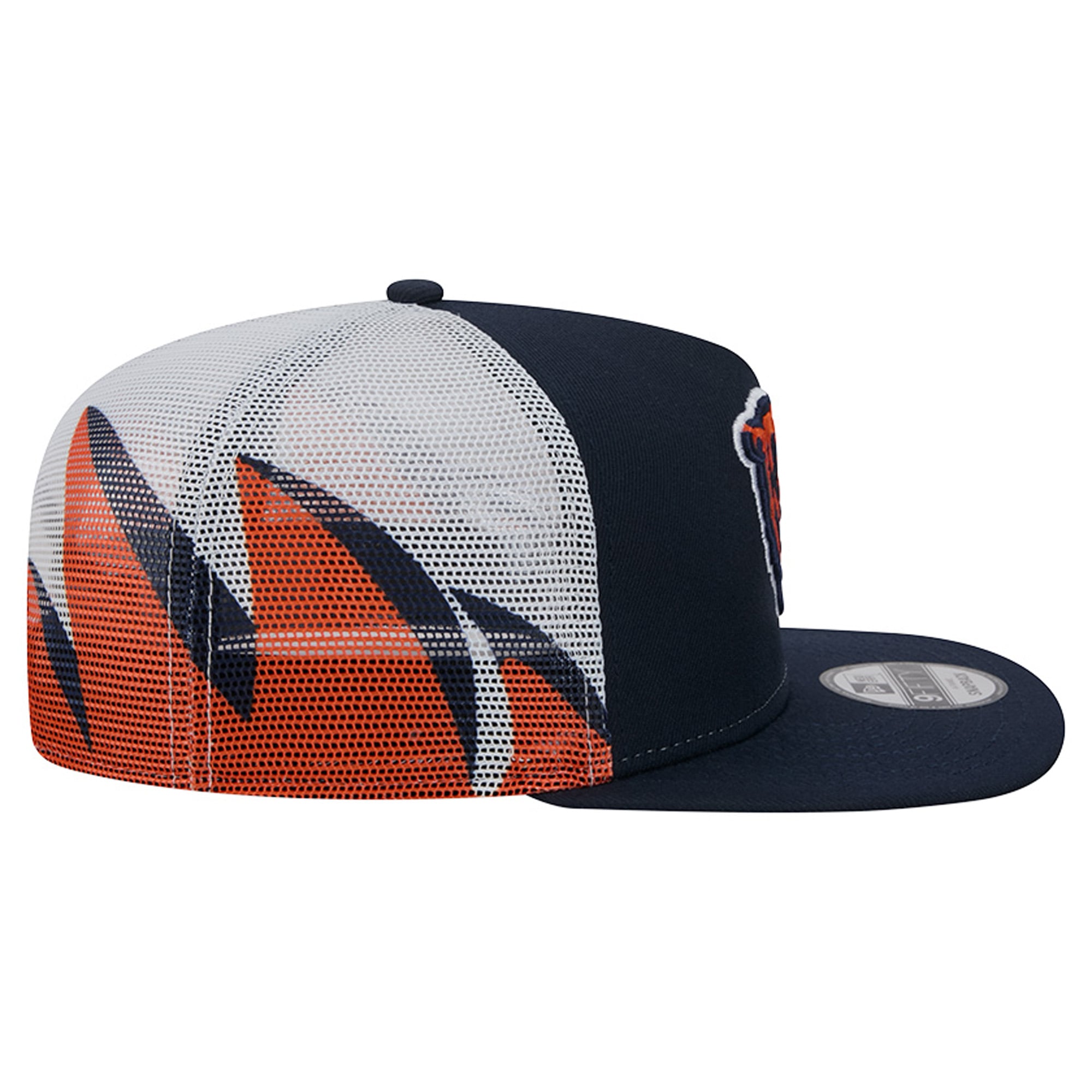 Casquette trucker New Era 9FIFTY Snapback pour homme, bleu marine et orange, Chicago Bears, en maille.