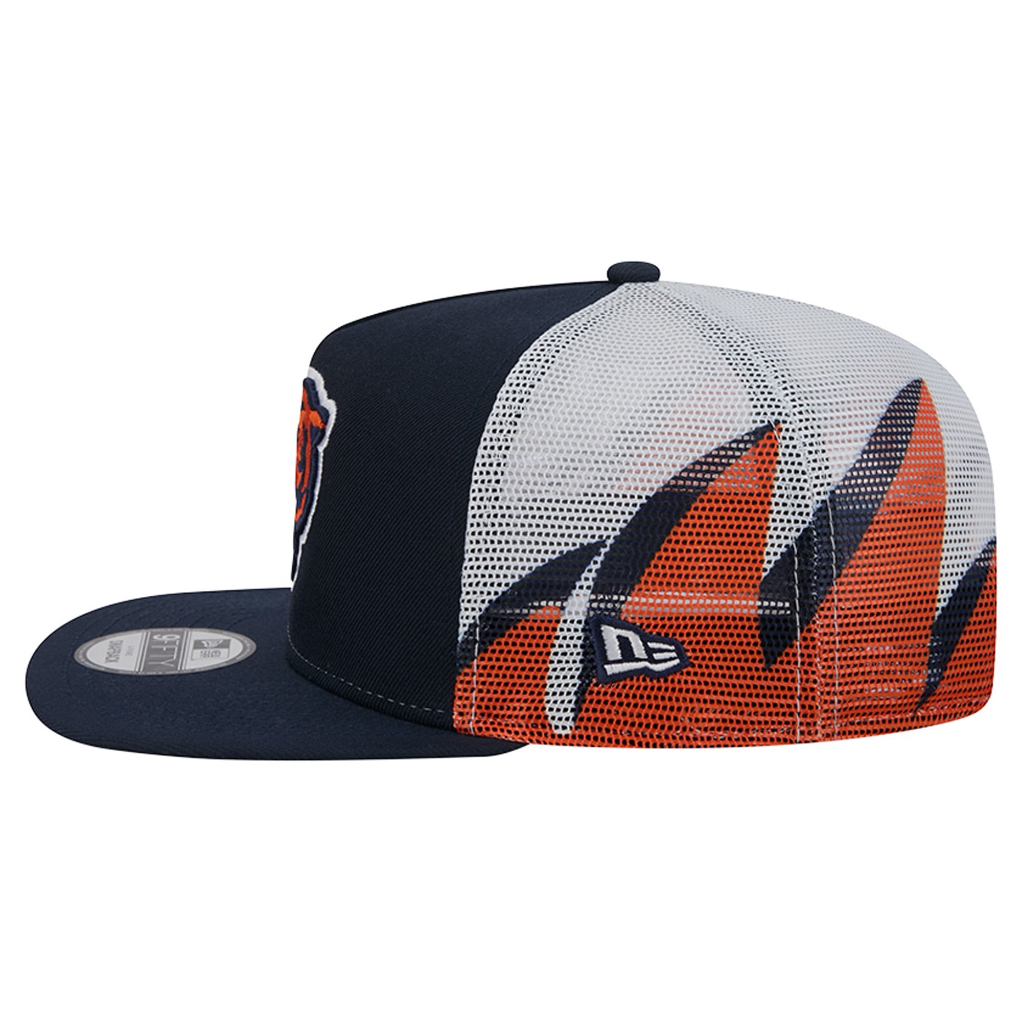 Casquette trucker New Era 9FIFTY Snapback pour homme, bleu marine et orange, Chicago Bears, en maille.