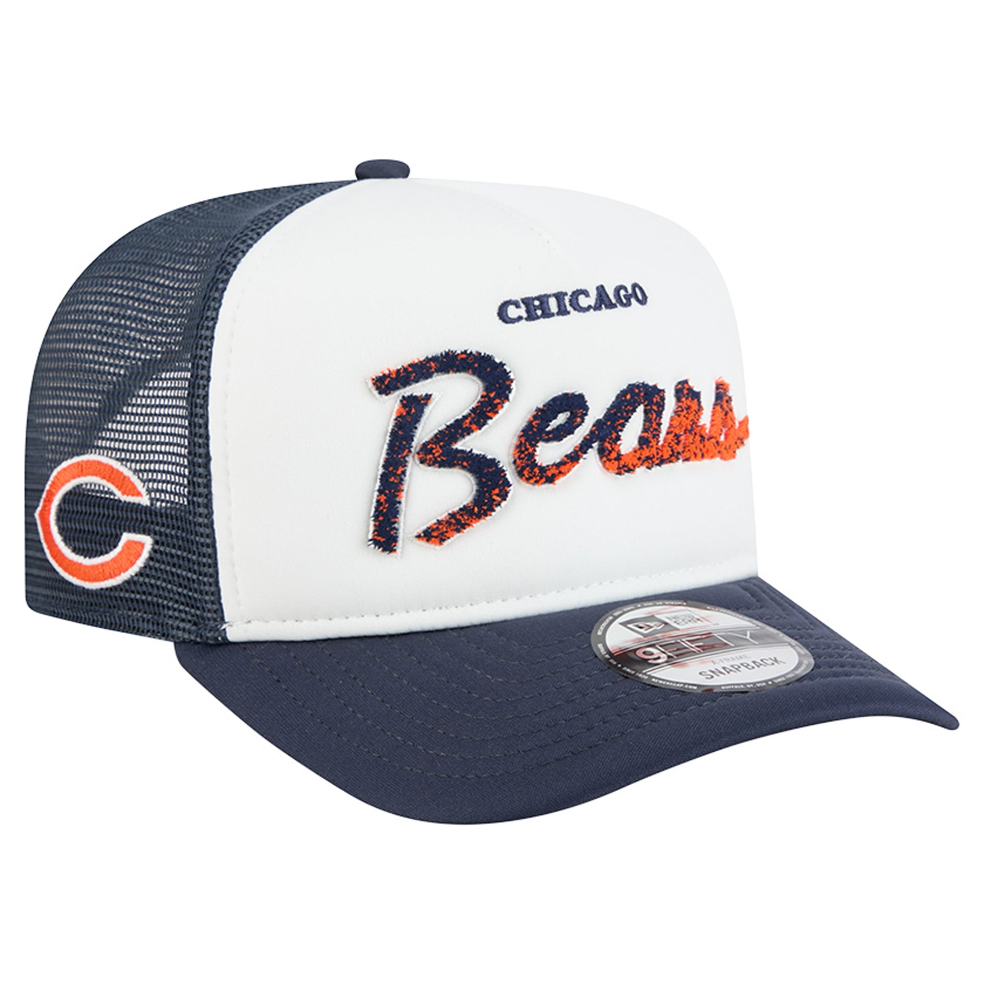 Casquette trucker New Era 9FIFTY Snapback blanche et marine Chicago Bears pour homme