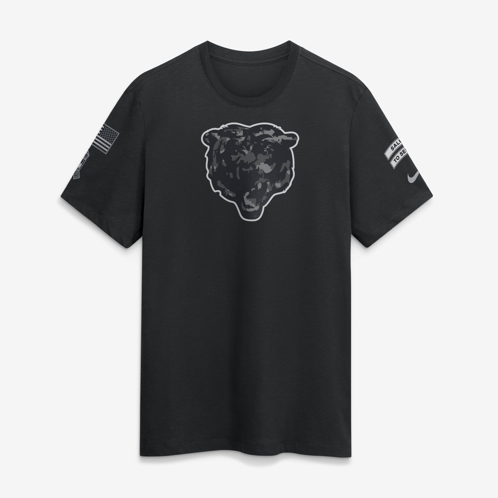 T-shirt Nike Chicago Bears noir pour homme, édition spéciale 2026 « Salute to Service », en tissu flammé.