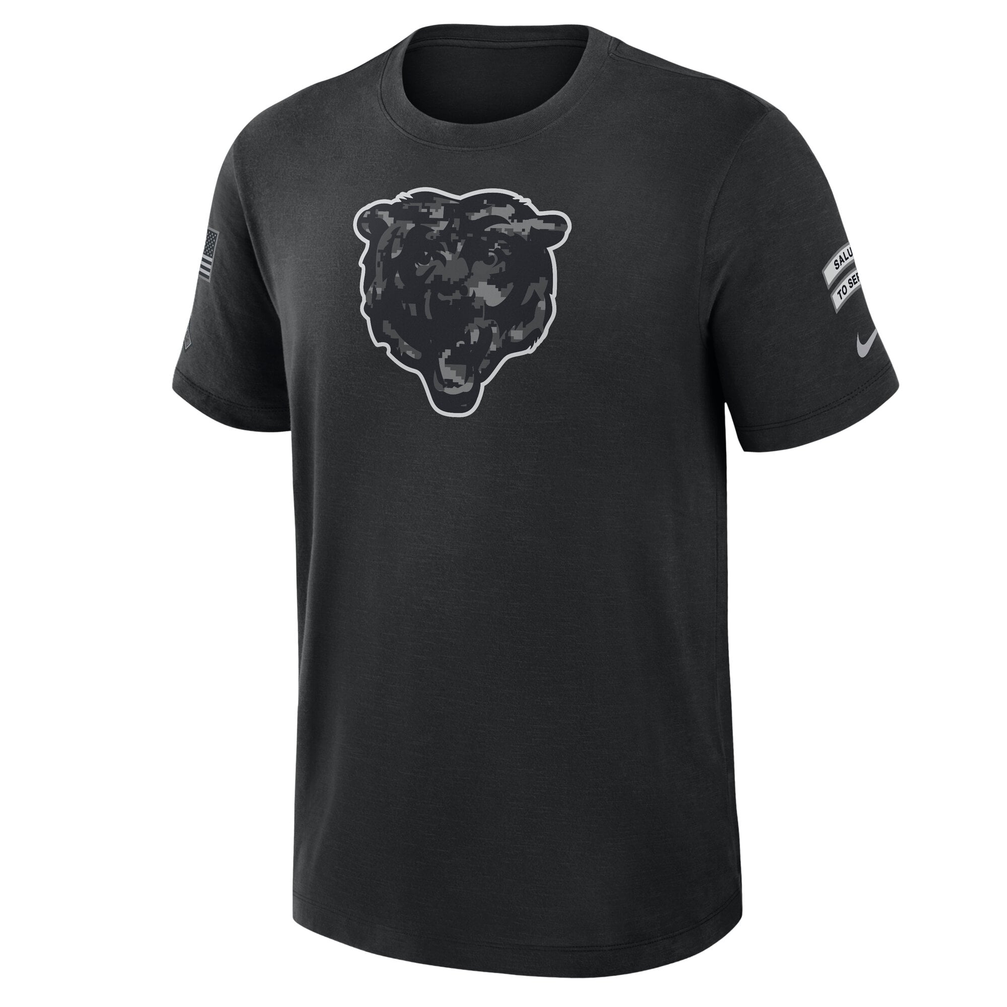 T-shirt Nike Chicago Bears noir pour homme, édition spéciale 2026 « Salute to Service », en tissu flammé.