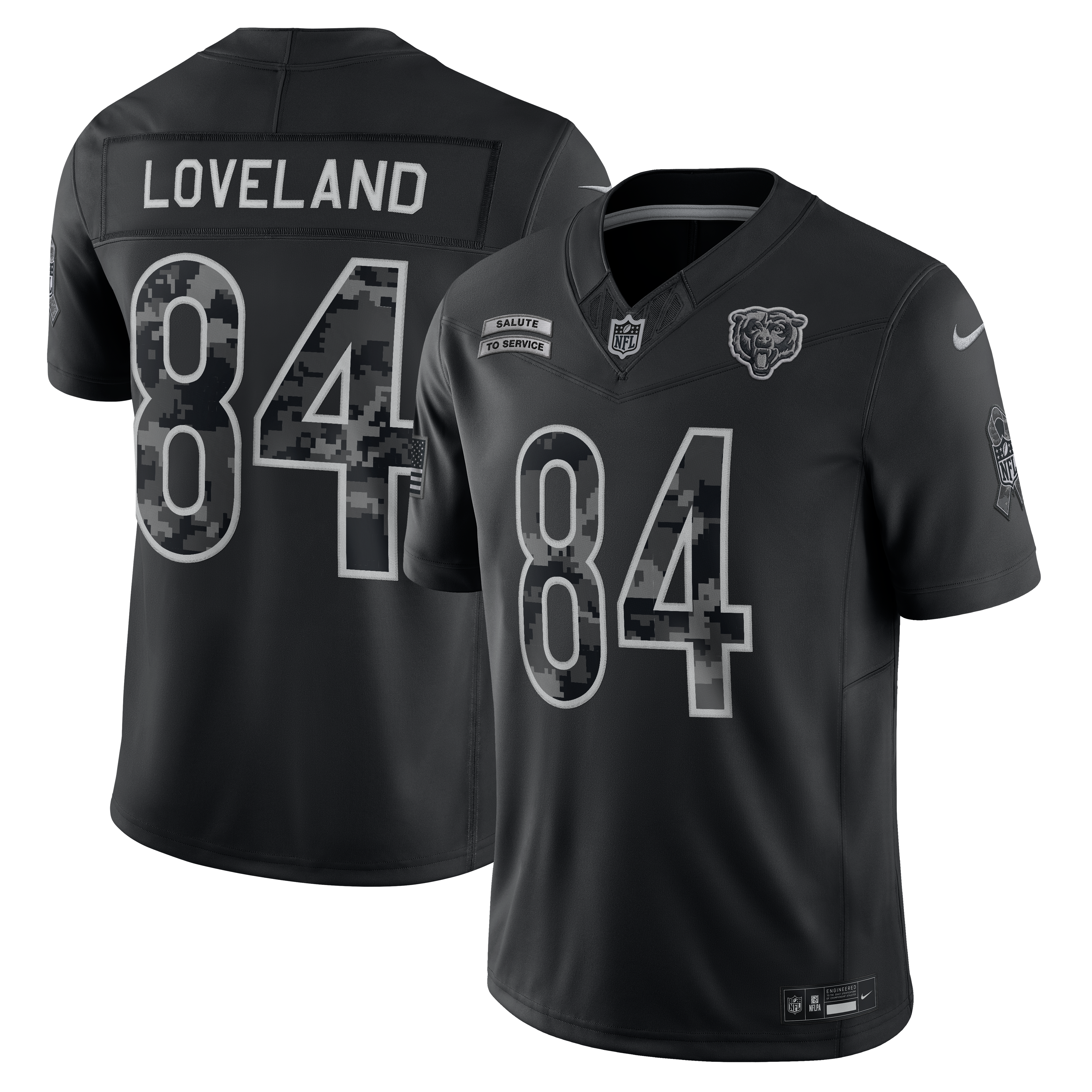 Maillot Nike Colston Loveland noir Chicago Bears 2026 Salute to Service, édition limitée cousue