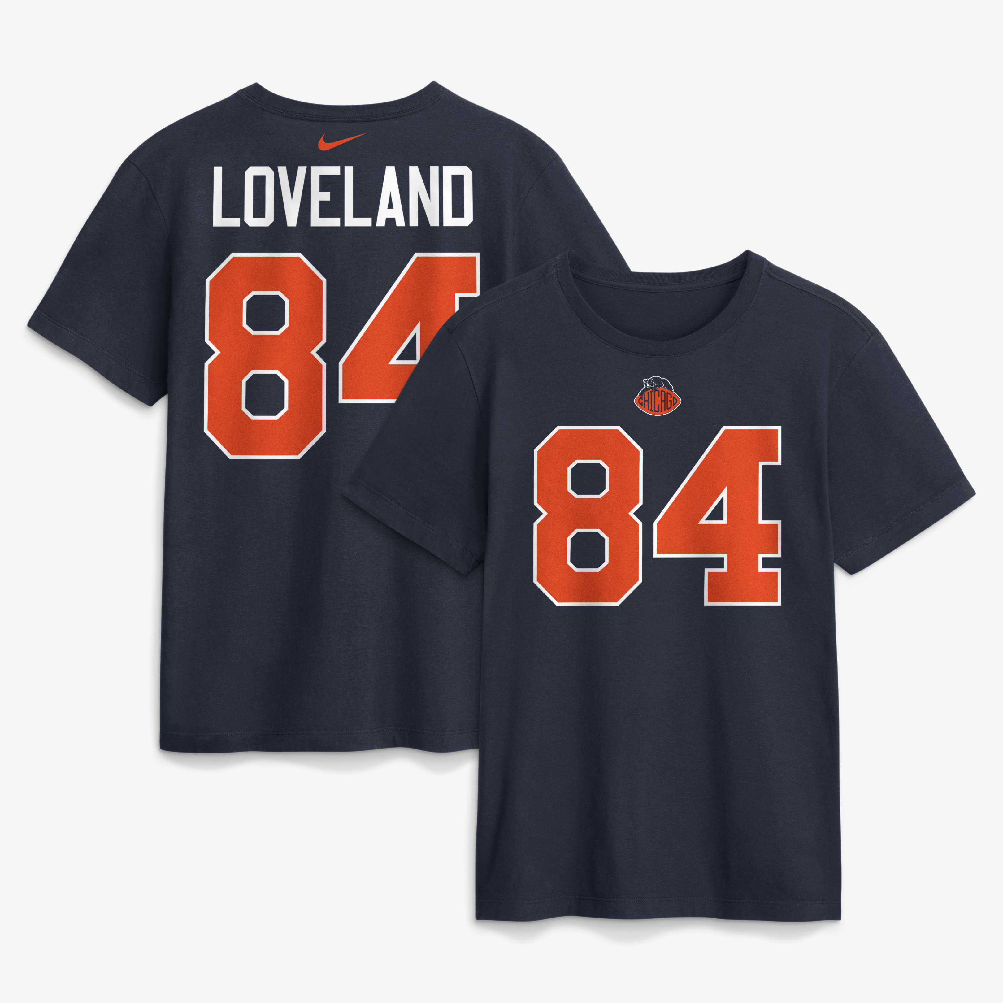 T-shirt Nike Colston Loveland bleu marine Chicago Bears Collection Rivalités 2026 pour homme, avec nom et numéro du joueur