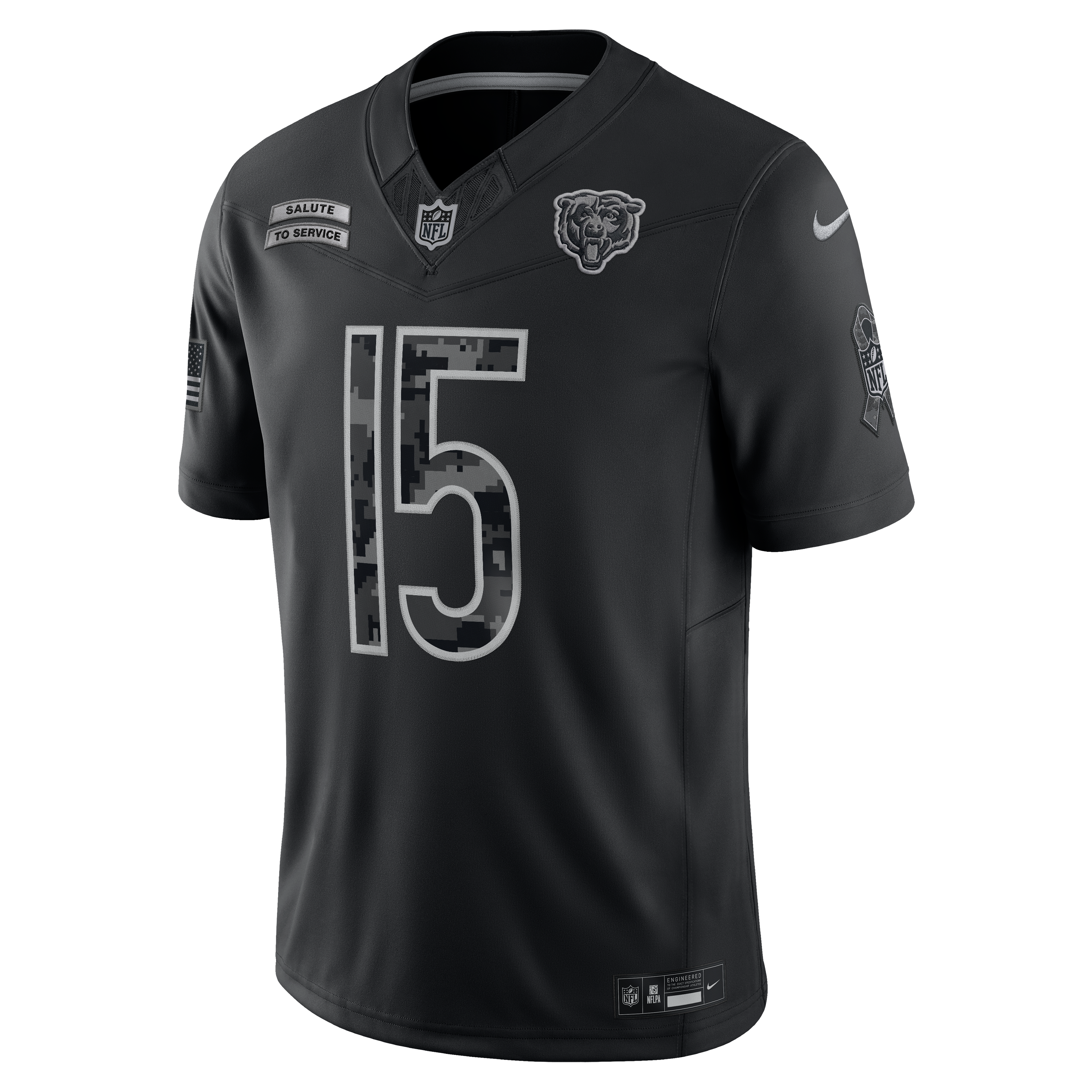 Maillot Nike Rome Odunze noir Chicago Bears 2026 Salute to Service pour homme, édition limitée cousue