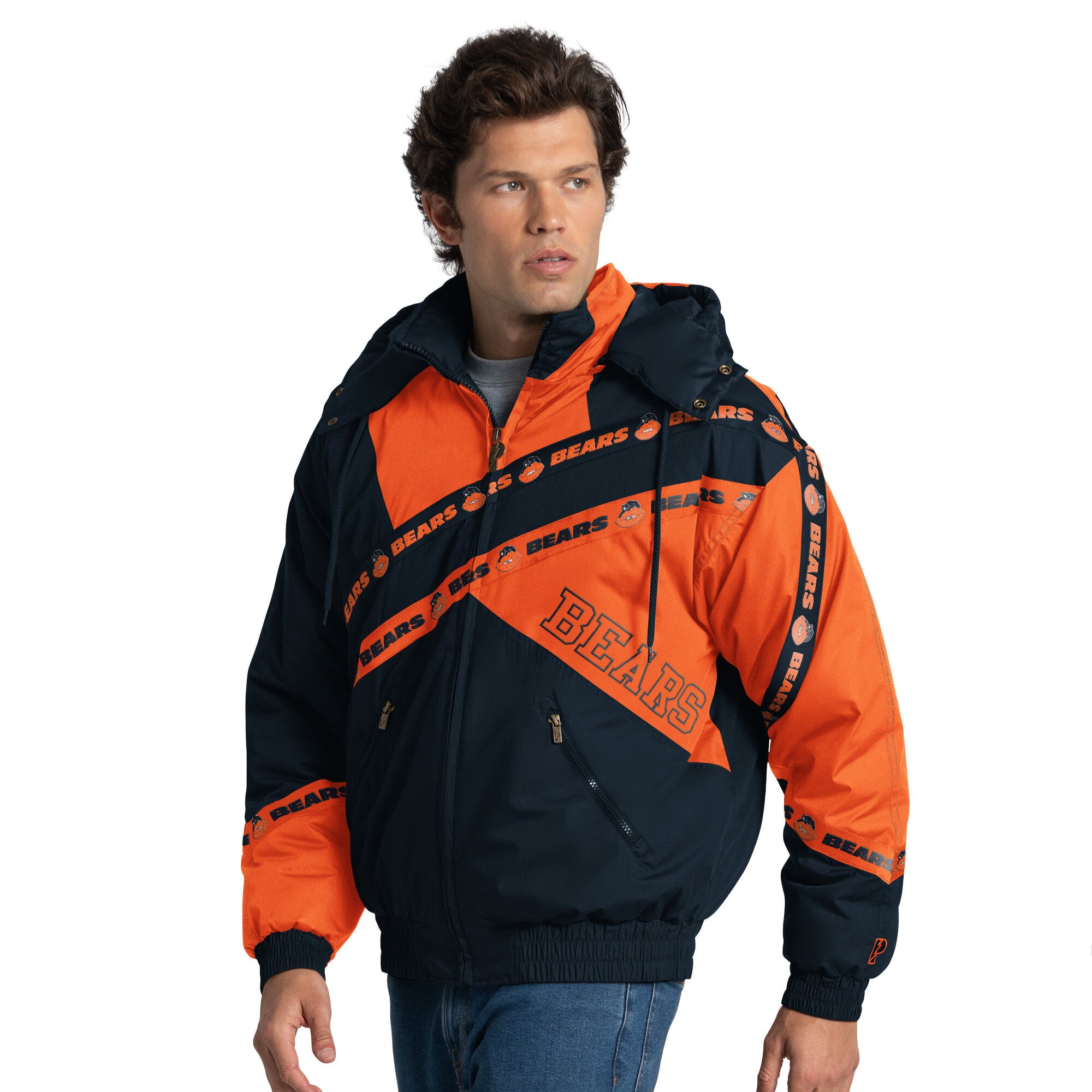 Veste zippée intégrale Chicago Bears bleu marine pour homme, modèle Pro Player, avec capuche amovible.