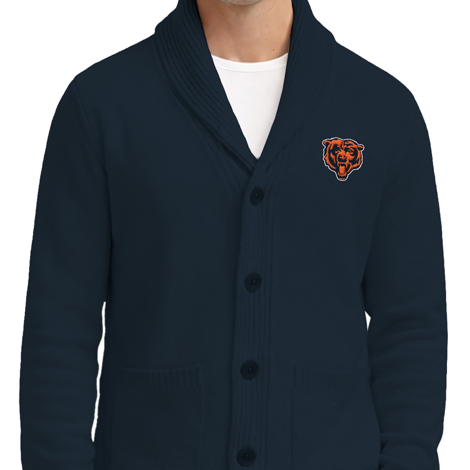Men's Starter Navy Chicago Bears Shawl Collar Heavy Knit Cardigan Sweater