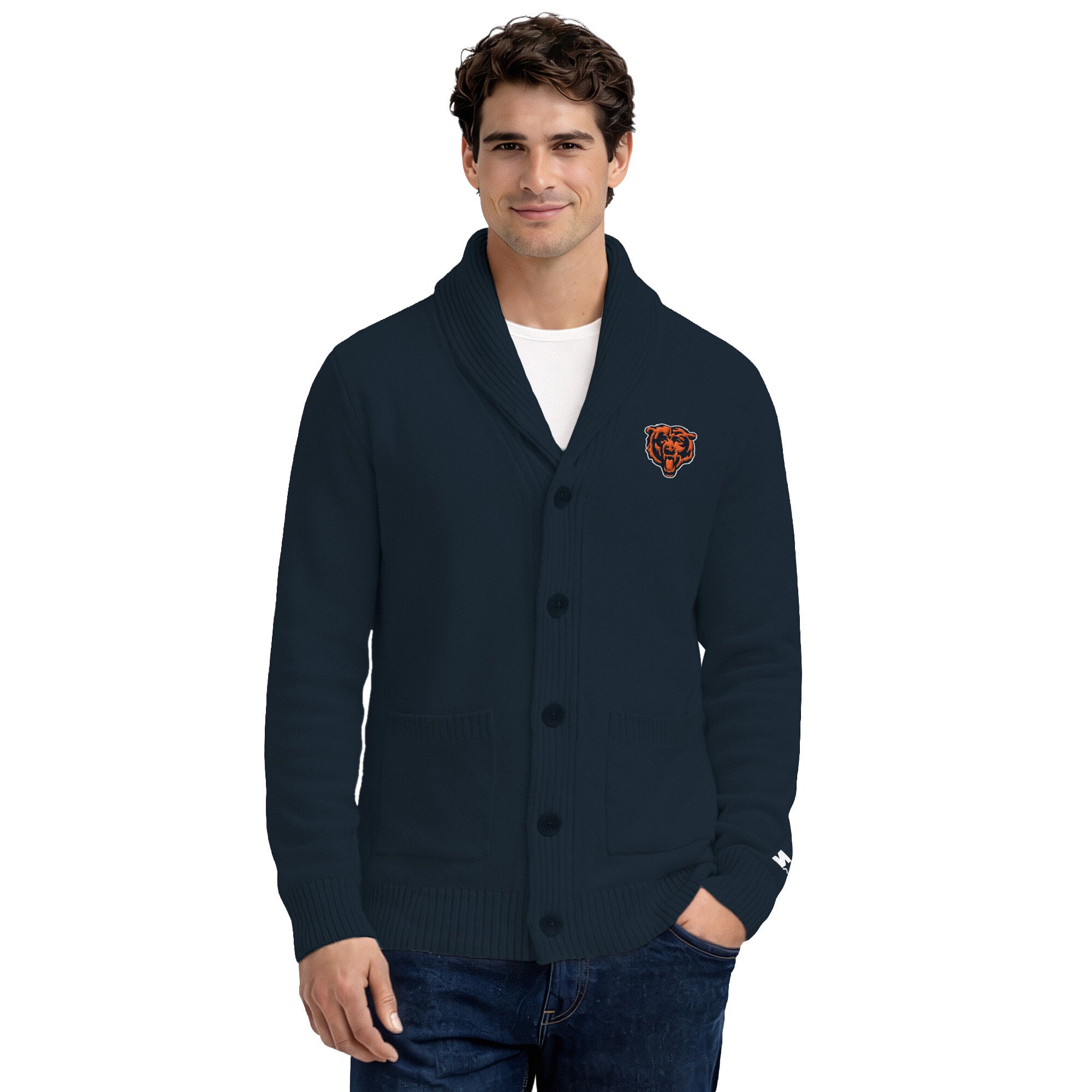 Men's Starter Navy Chicago Bears Shawl Collar Heavy Knit Cardigan Sweater