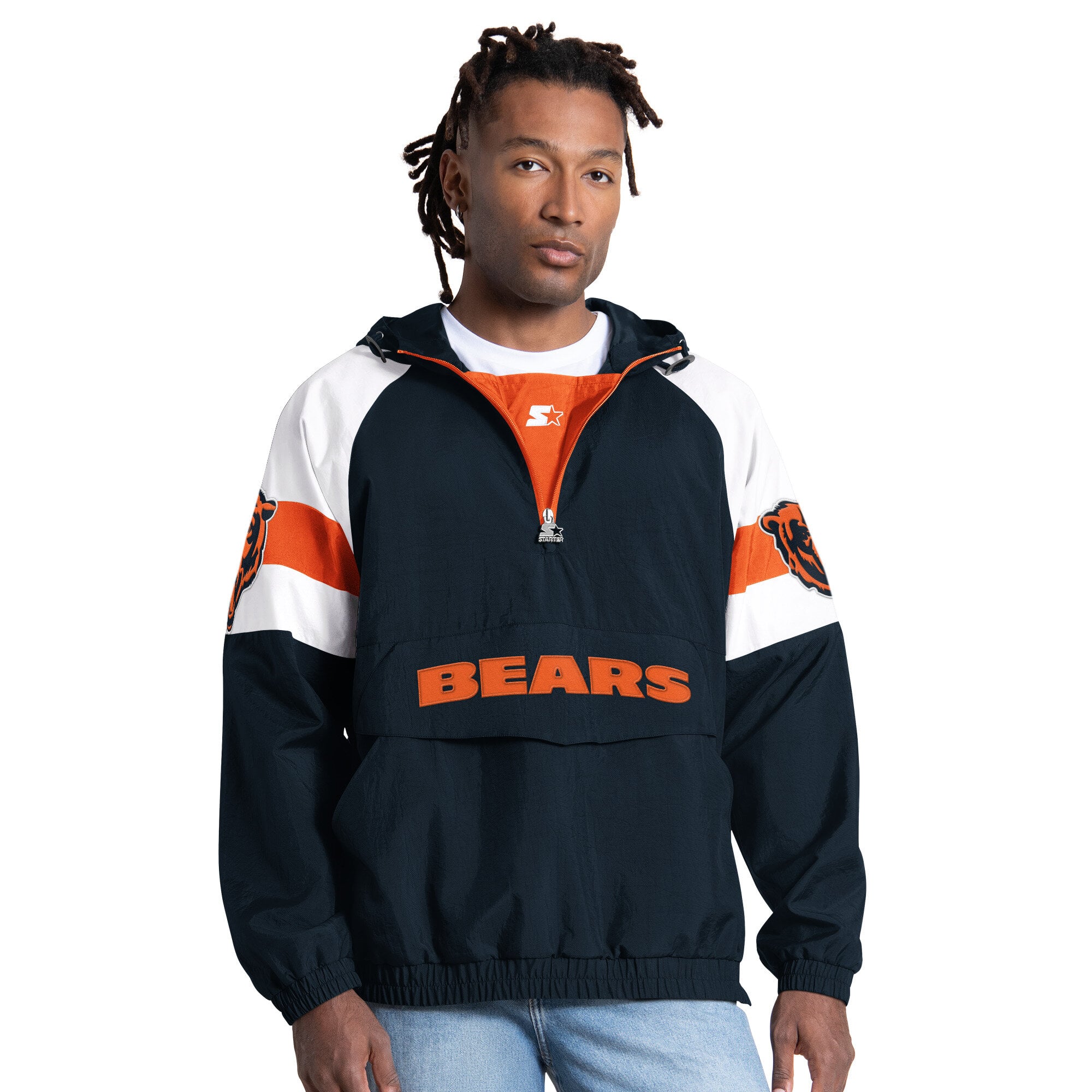 Men's Starter Navy Chicago Bears Street Cut Half-Zip Jacket