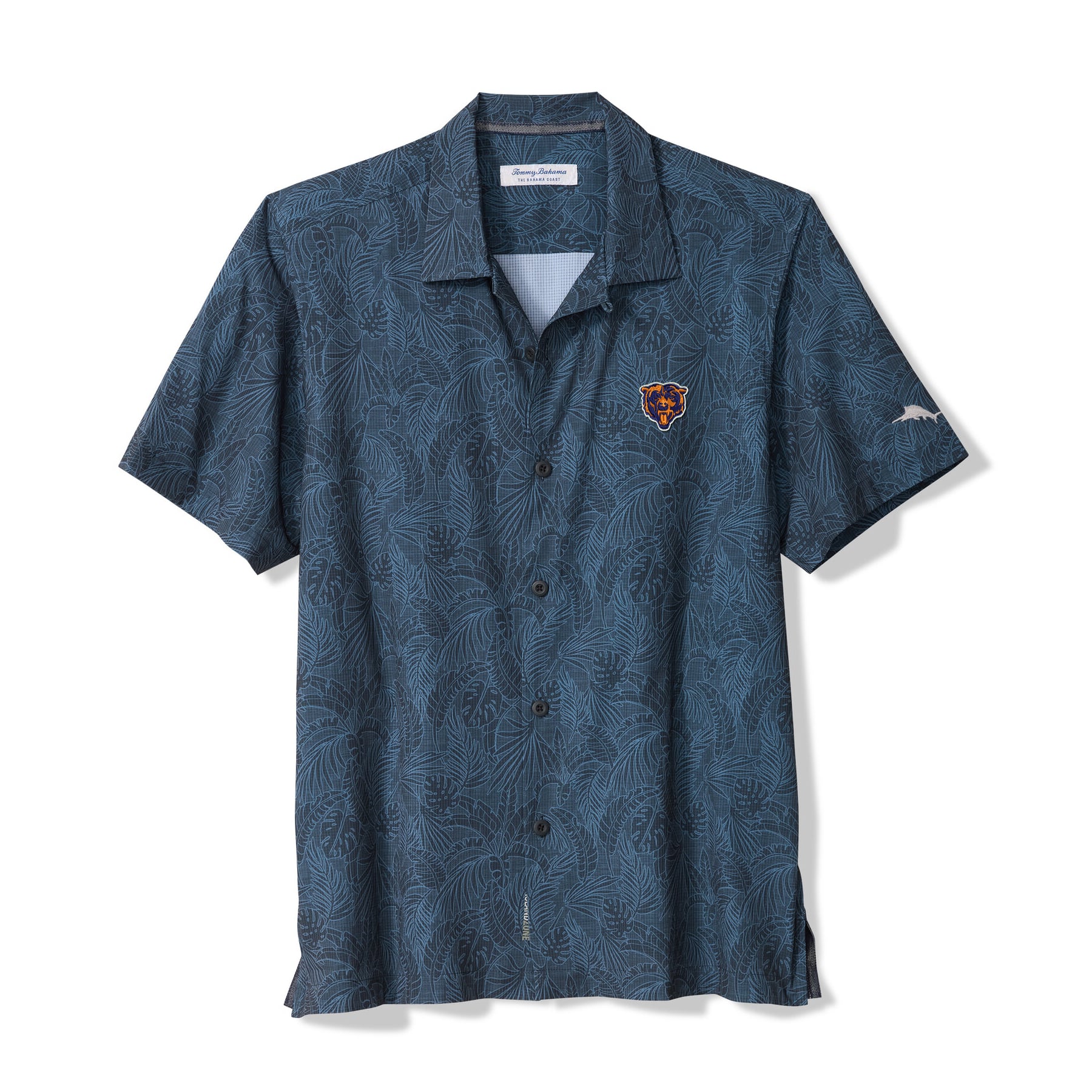 Chemise à manches courtes boutonnée Tommy Bahama pour homme, bleu marine, motif Chicago Bears Saltwater Fronds