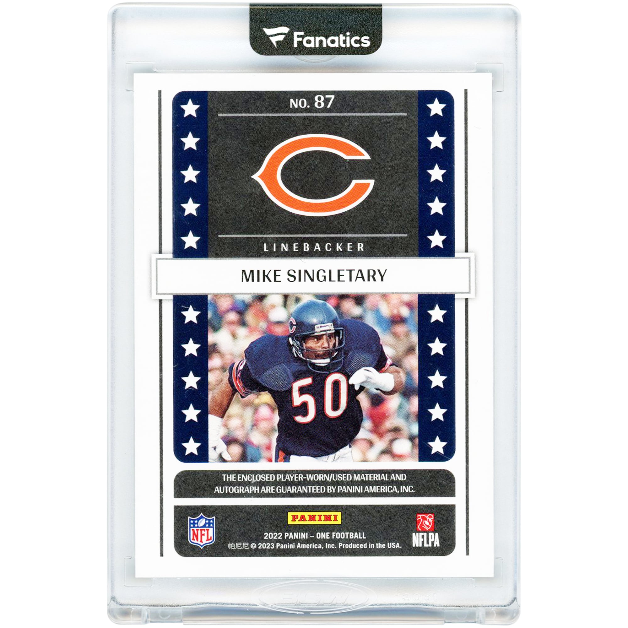 Carte Panini One Black Lone Star Tri-Color Jersey Relic n° 87, autographiée par Mike Singletary (Chicago Bears), édition 2022, numéro 1/1