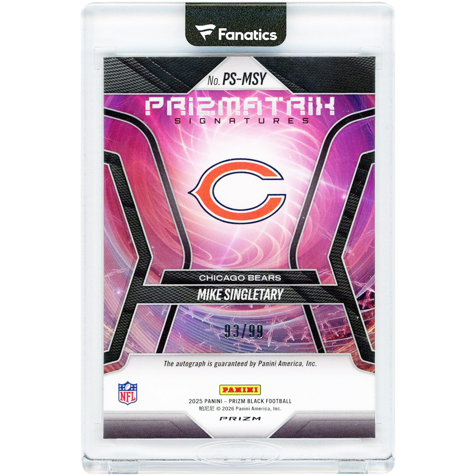 Carte autographiée de Mike Singletary (Chicago Bears) 2025 Panini Prizm Black Prizmatrix Signatures Red Prizm #PS-MSY #93/99