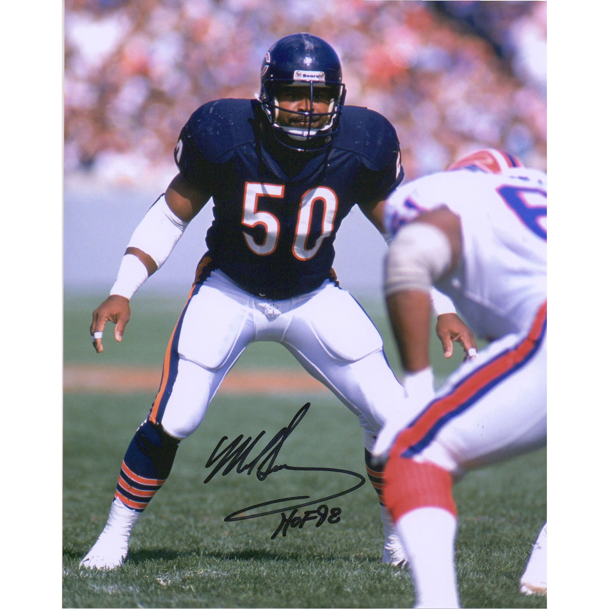 Photographie verticale bleu marine autographiée de 8" x 10" de Mike Singletary des Chicago Bears avec l'inscription "HOF 98"