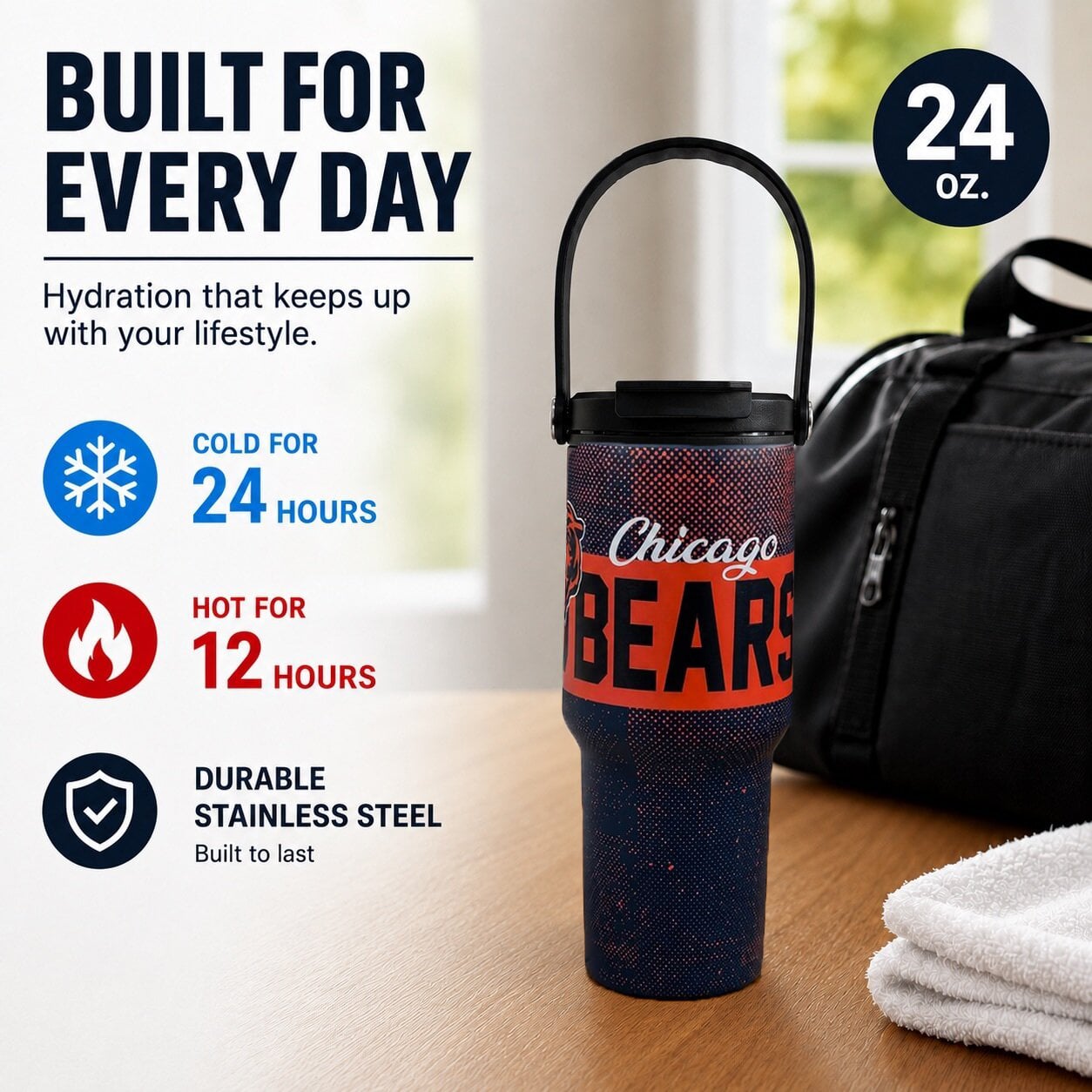 Gourde Pegasus Chicago Bears 710 ml (24 oz) en acier inoxydable à double bouchon et motif moucheté dégradé