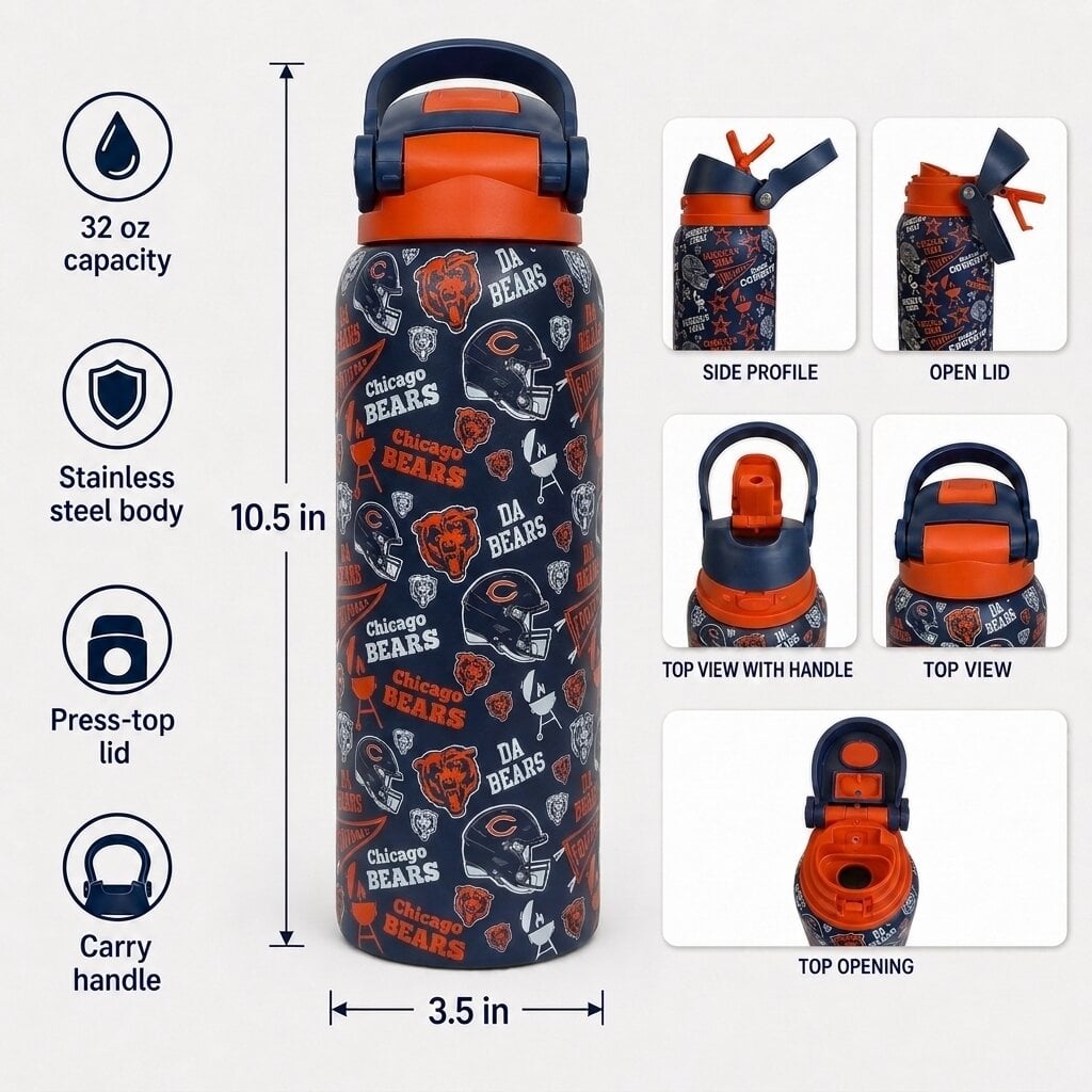 Gourde Pegasus Chicago Bears 32 oz, fanion de match, en acier inoxydable ProPress