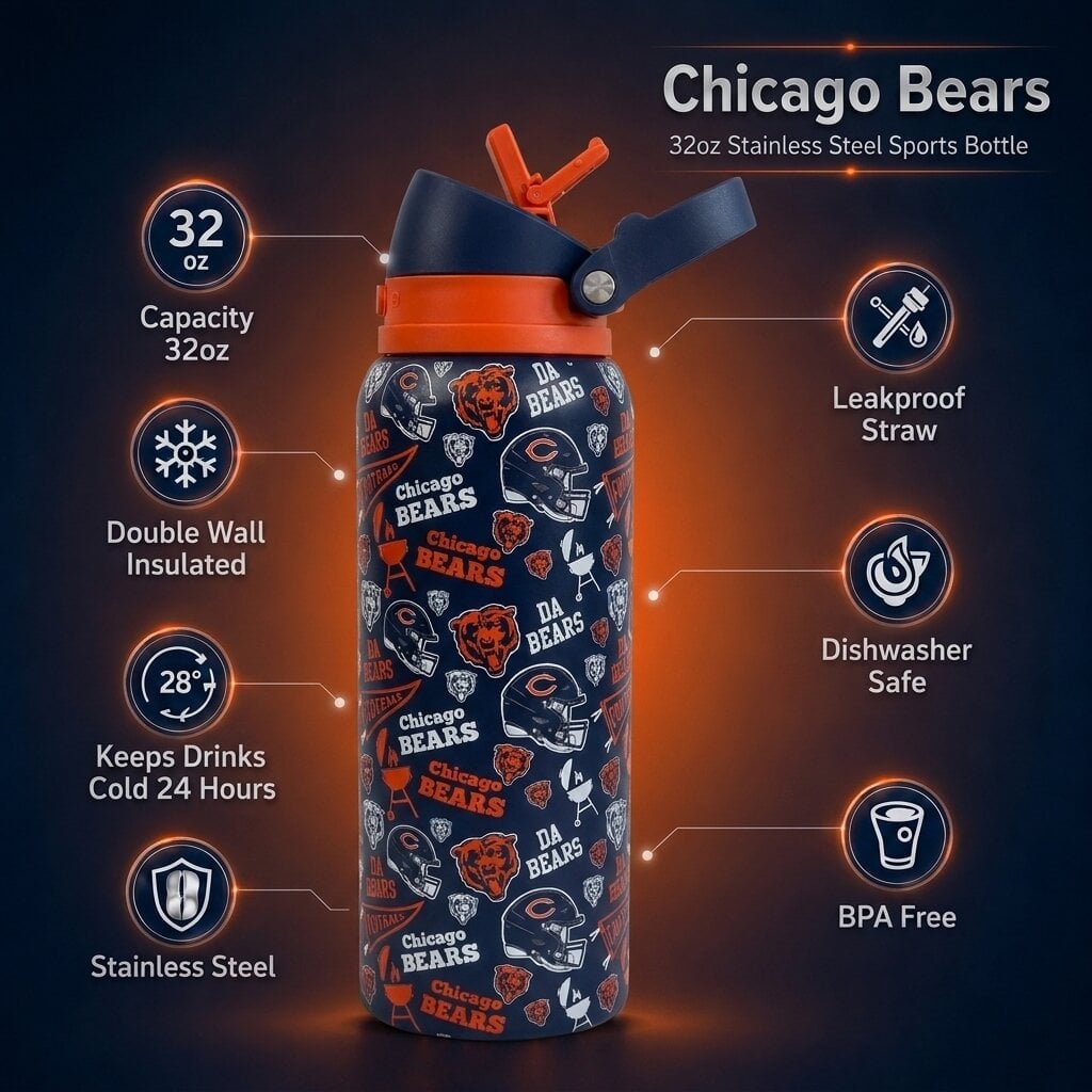 Gourde Pegasus Chicago Bears 32 oz, fanion de match, en acier inoxydable ProPress